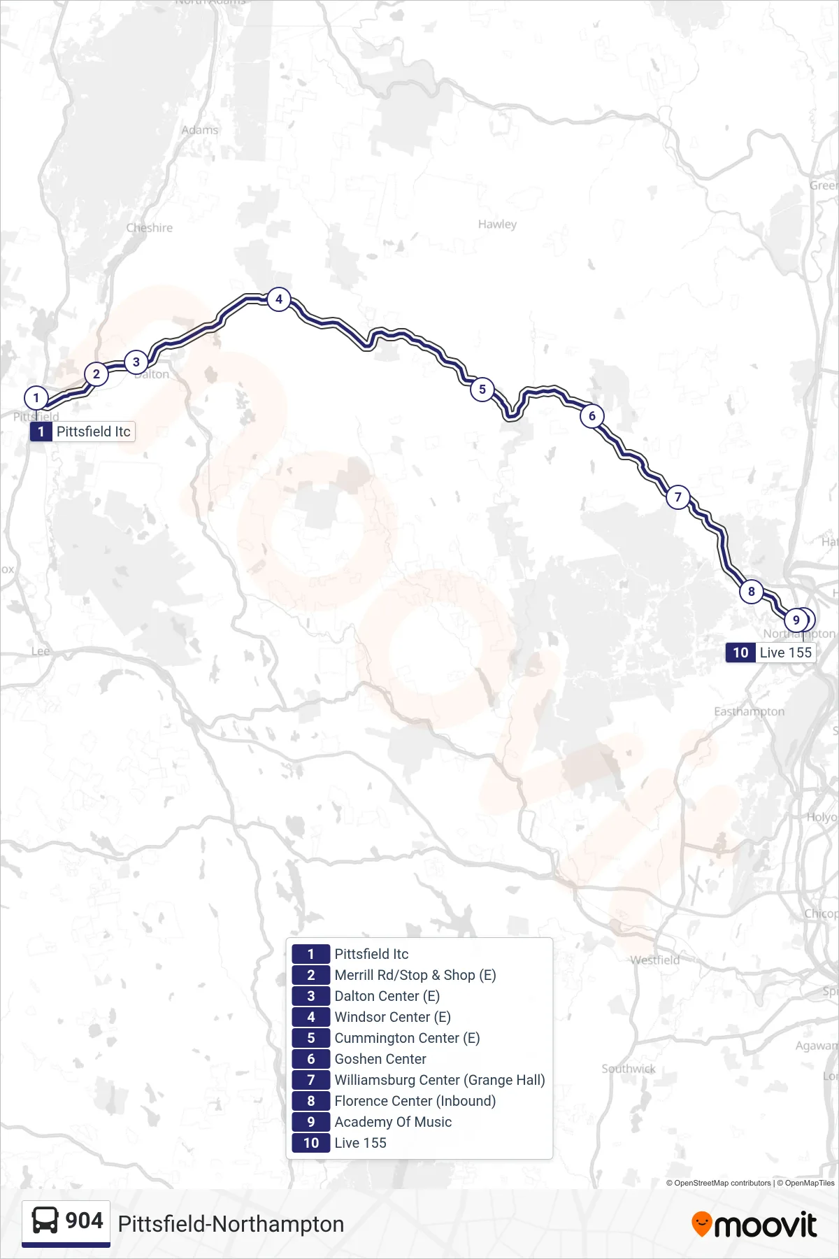 904 bus Line (Northampton) route and stops on a map