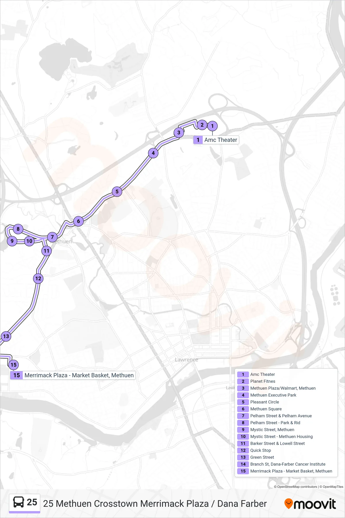 25 bus Line (Methuen Cross) route and stops on a map