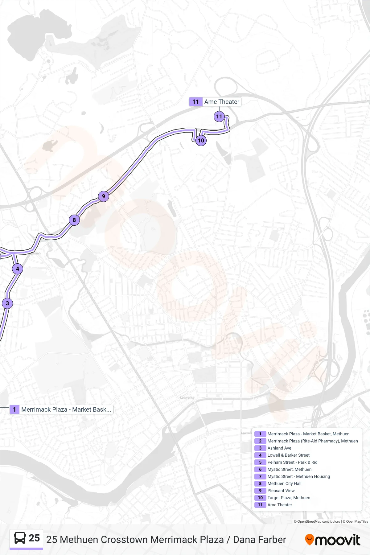 25 bus Line (Inbound) route and stops on a map