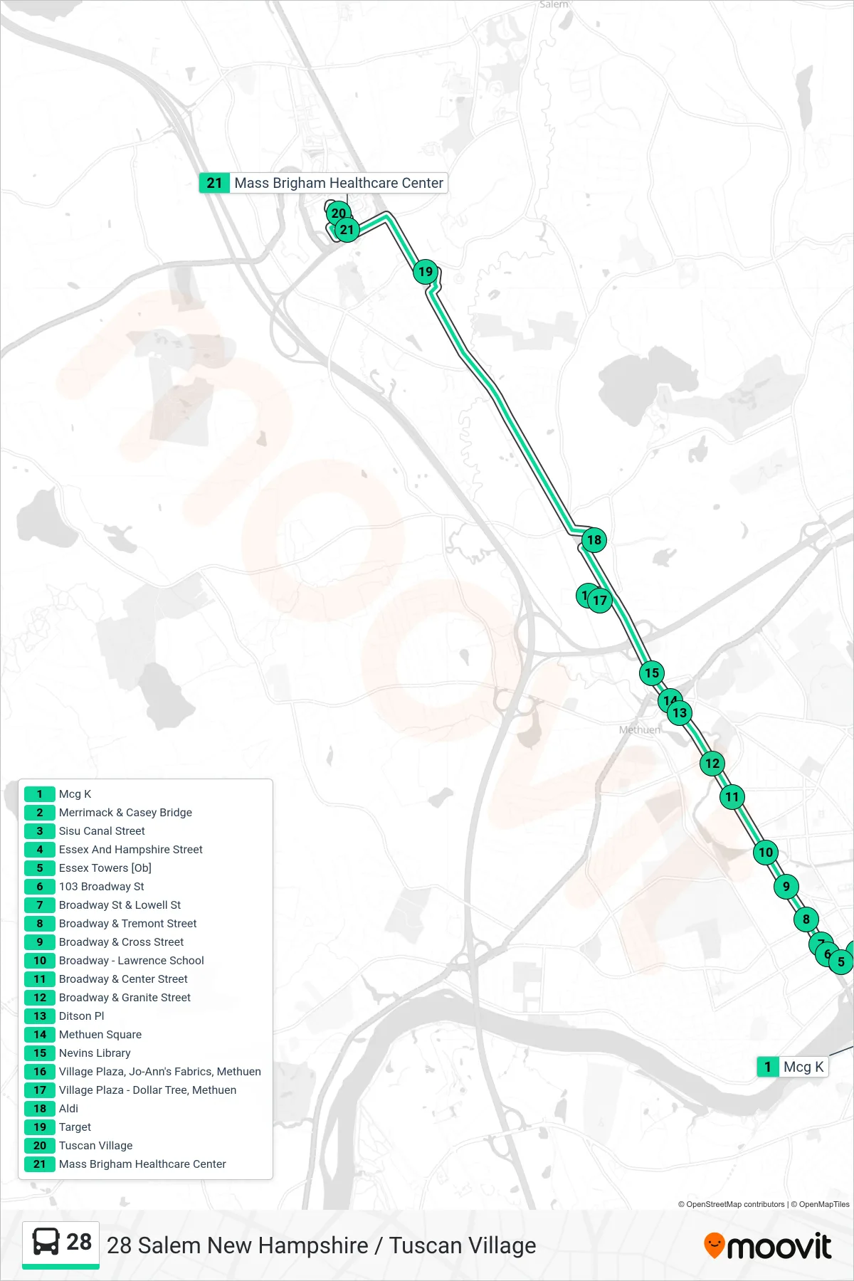 28 bus Line (Salem Nh/Tuscan Vill) route and stops on a map