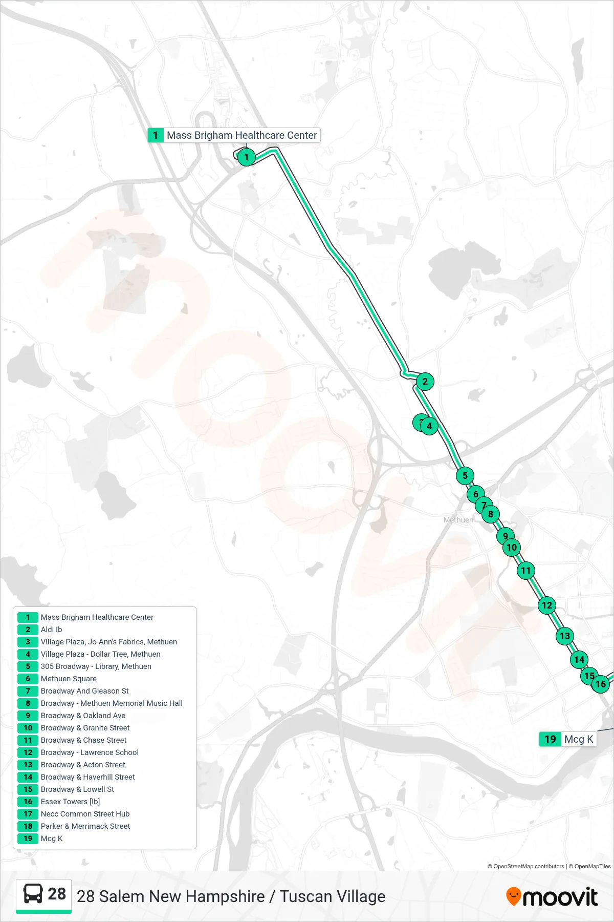 28 bus Line (Inbound) route and stops on a map