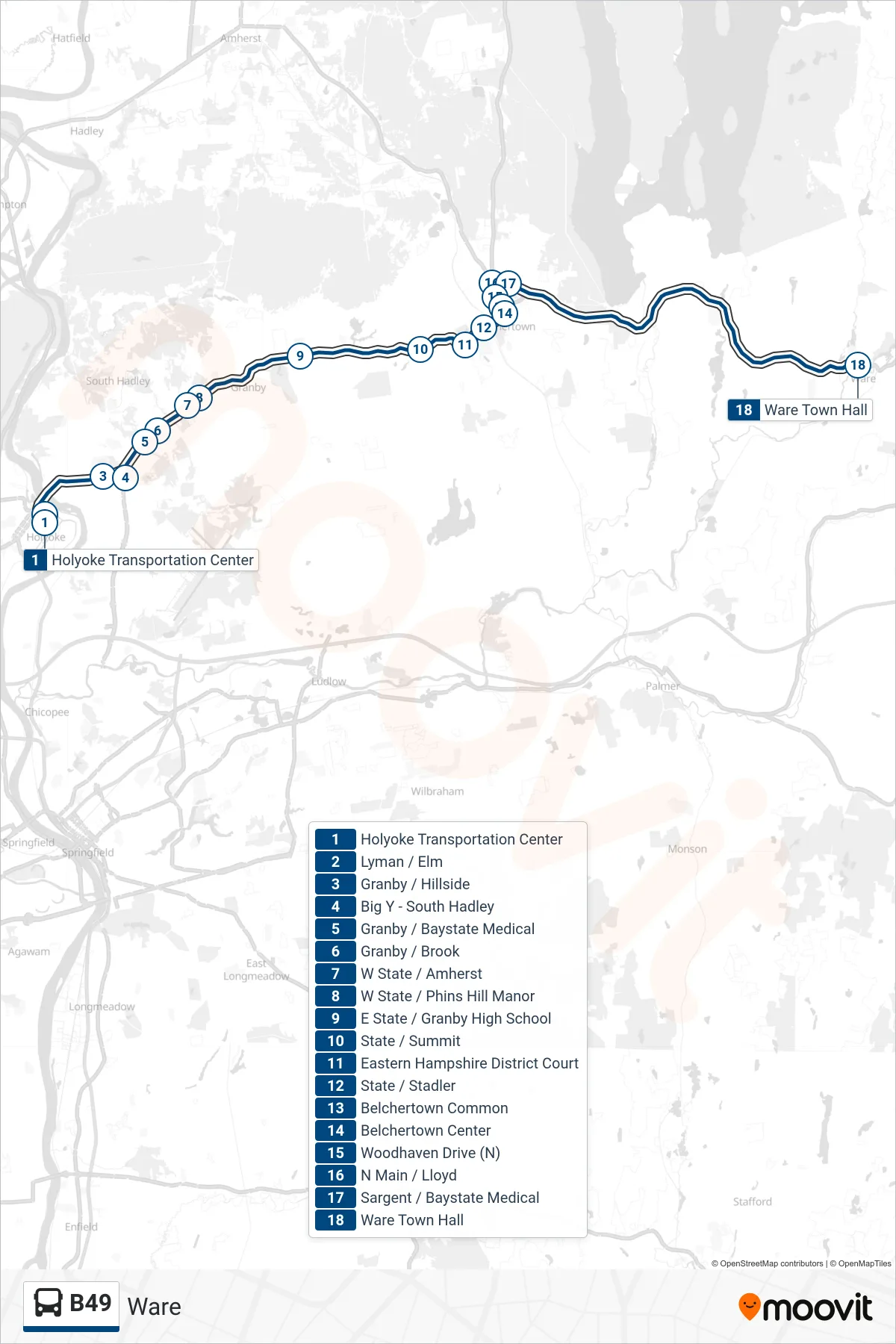 B49 bus Line (Ware) route and stops on a map