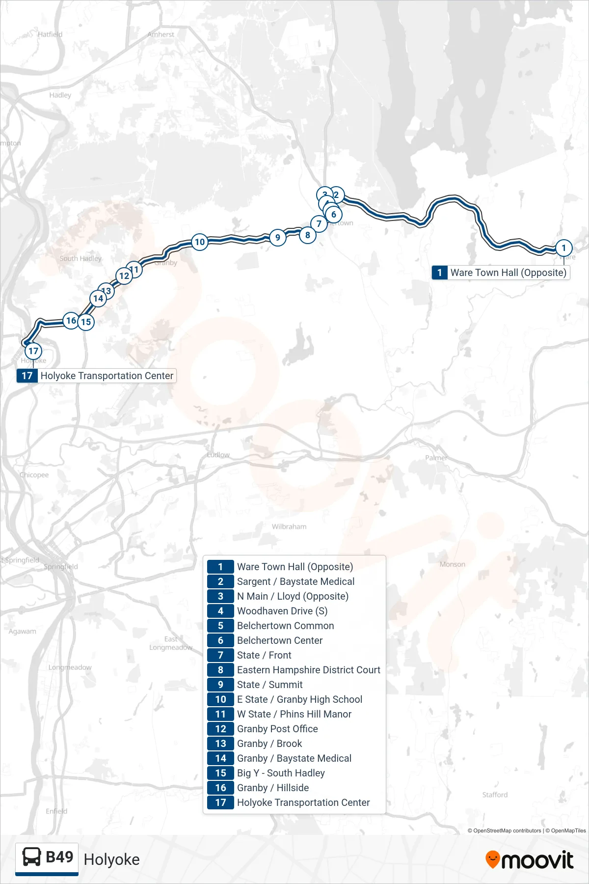 B49 bus Line (Holyoke) route and stops on a map