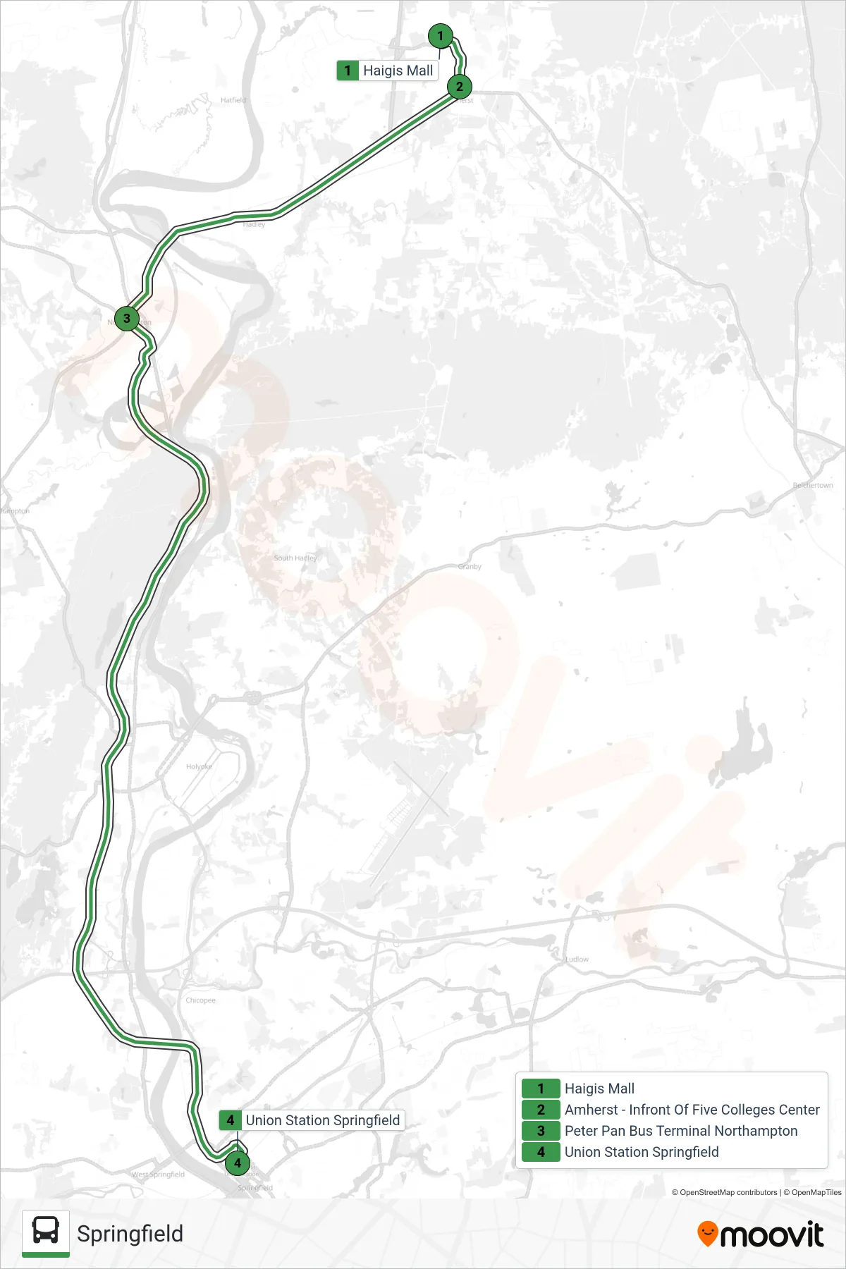 PETER PAN bus Line (Springfield) route and stops on a map