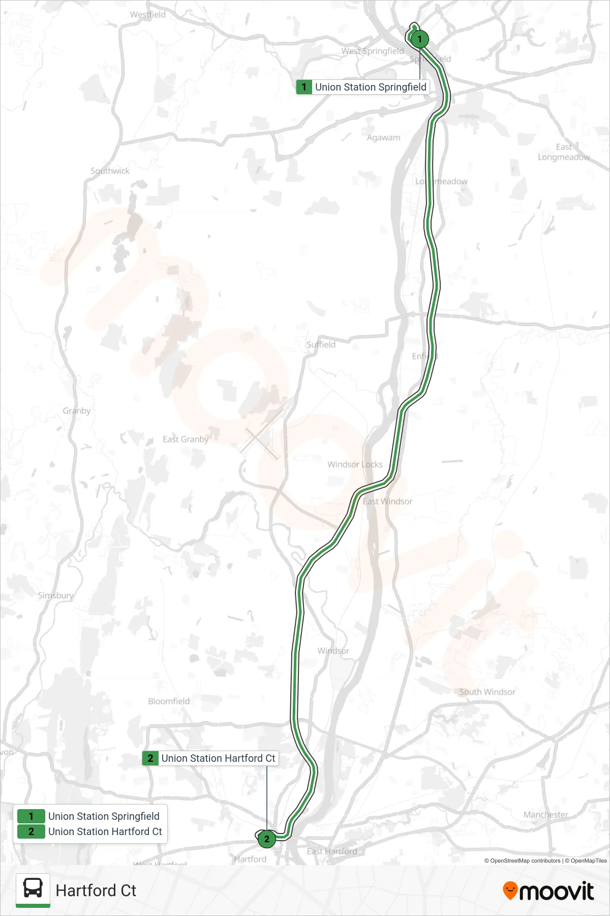 PETER PAN bus Line (Hartford Ct) route and stops on a map