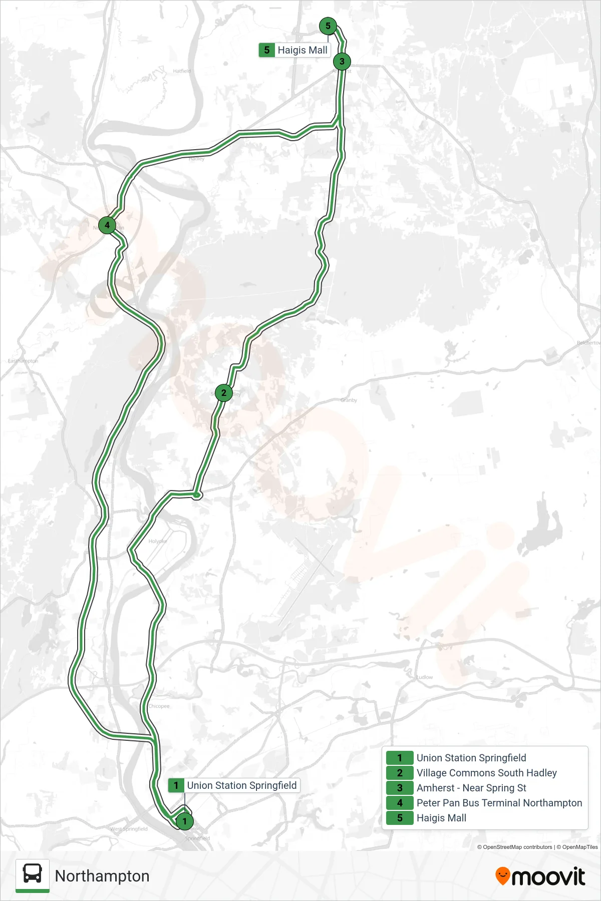 PETER PAN bus Line (Northampton) route and stops on a map