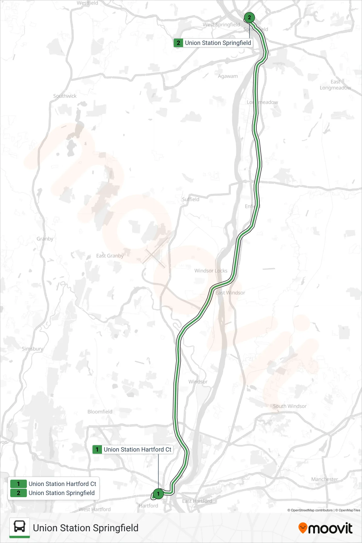 PETER PAN bus Line (Union Station Springfield) route and stops on a map