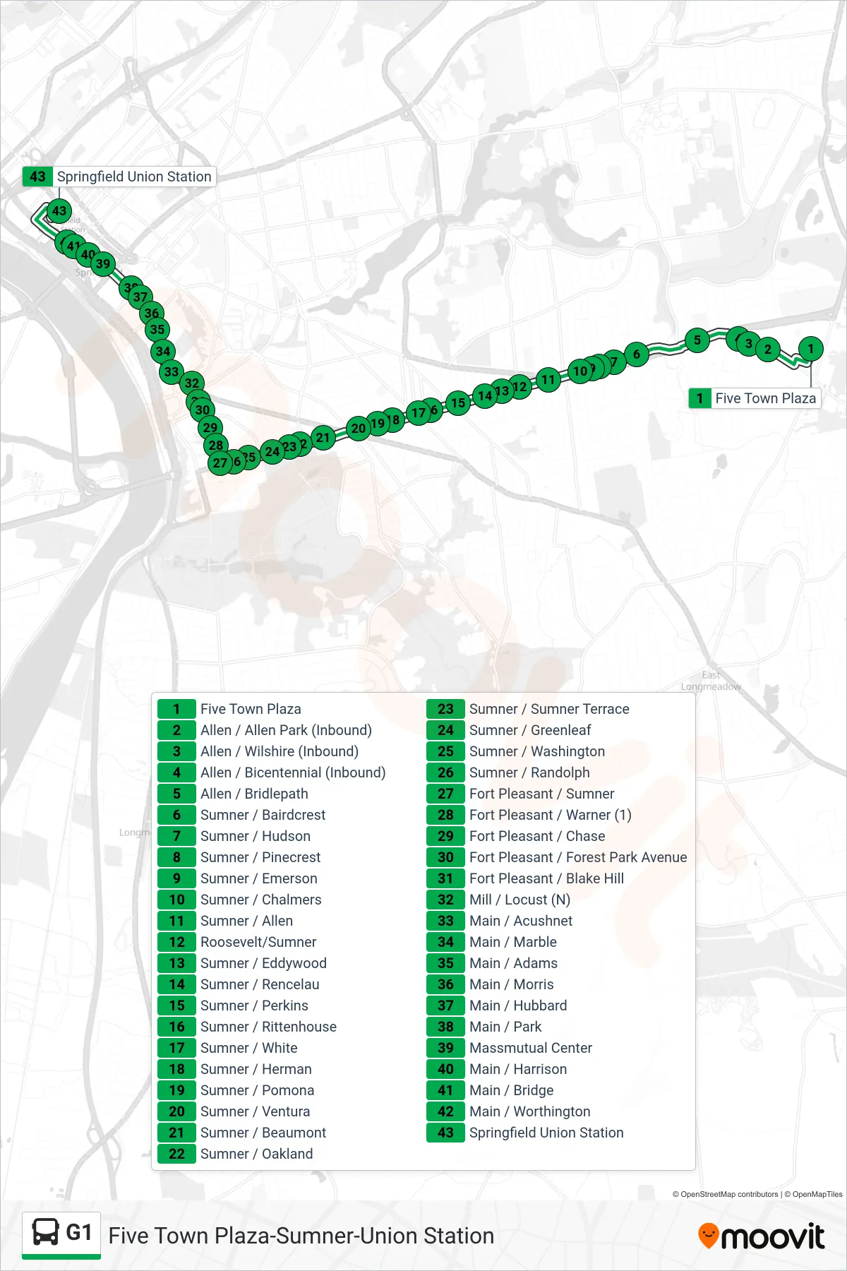 G1 bus Line (Union Station) route and stops on a map