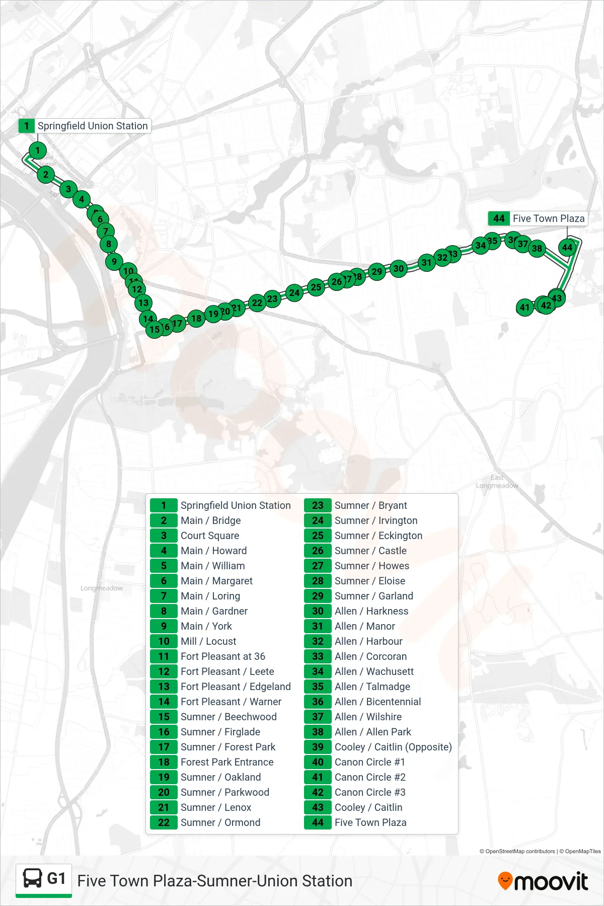 G1 bus Line (Five Town Plaza Via Canon) route and stops on a map