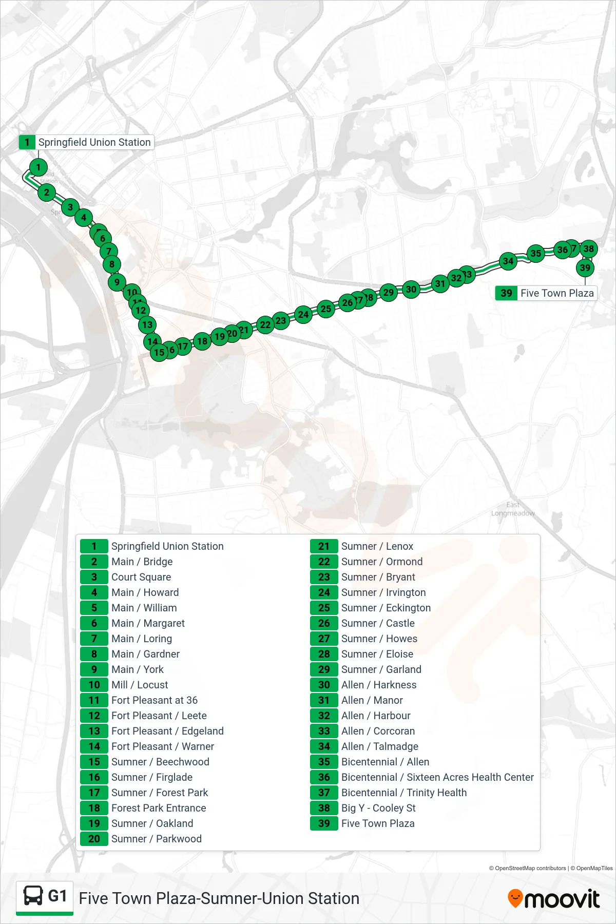 G1 bus Line (Five Town Plaza Via Bicentennial) route and stops on a map