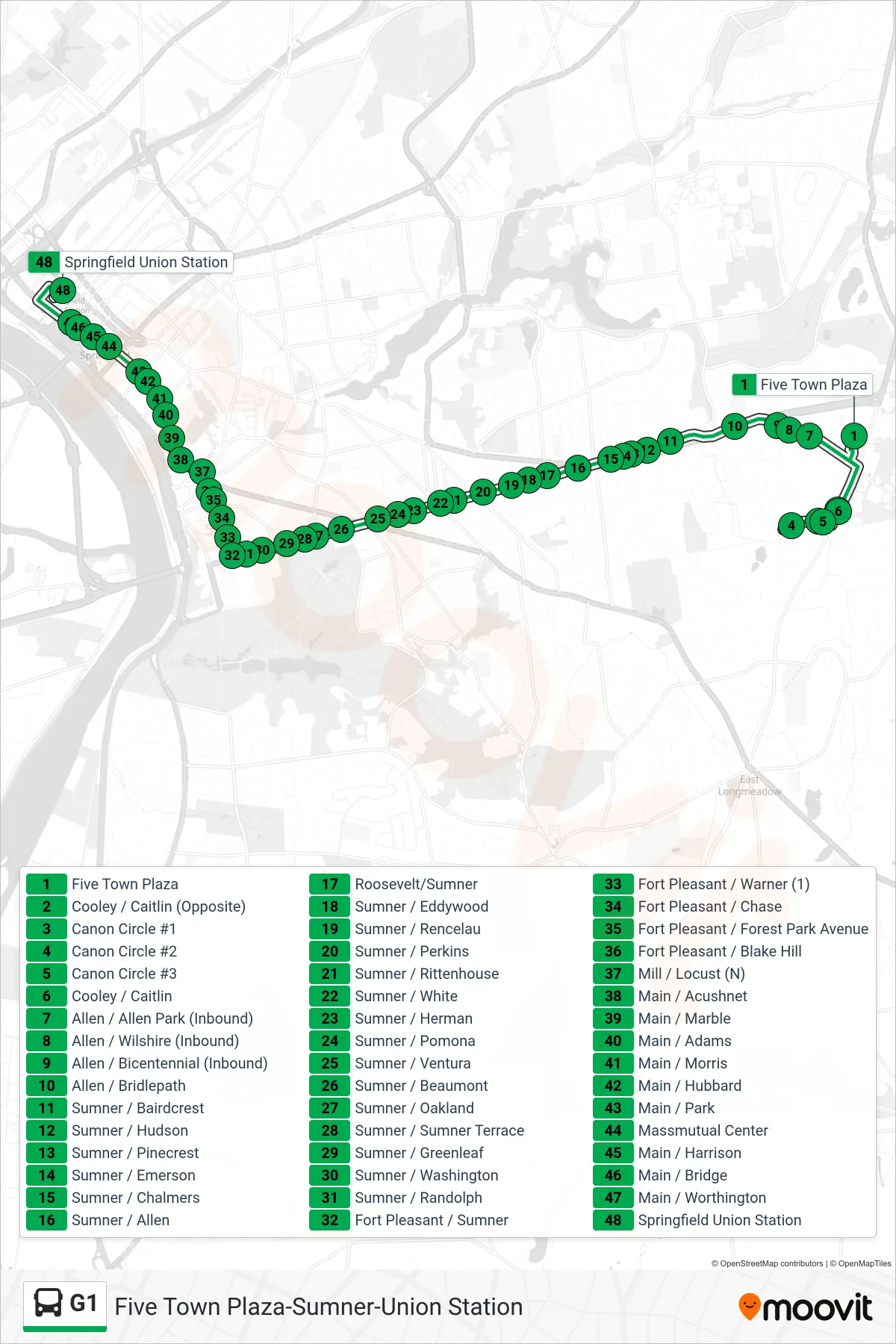 G1 bus Line (Union Station Via Canon Circle) route and stops on a map