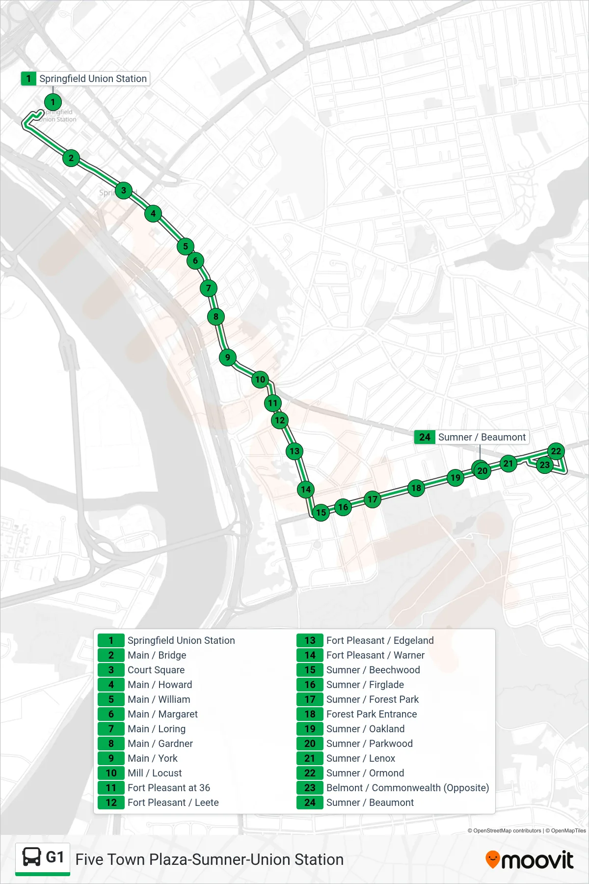 G1 bus Line (The X Via Sumner) route and stops on a map