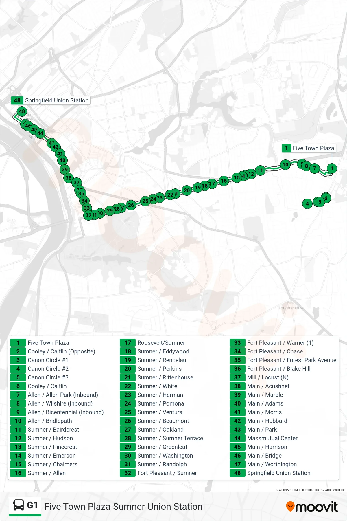 G1 bus Line (Chicopee Big Y Via Union Station) route and stops on a map