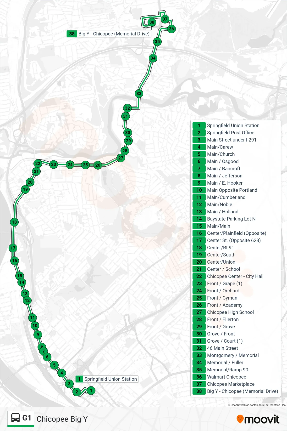 G1 bus Line (Chicopee Big Y) route and stops on a map
