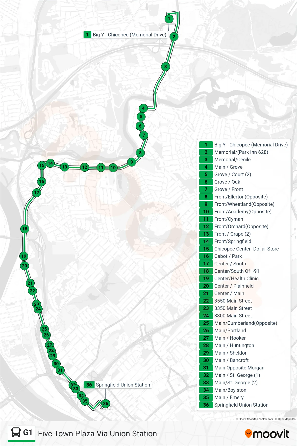 G1 bus Line (Five Town Plaza Via Union Station) route and stops on a map