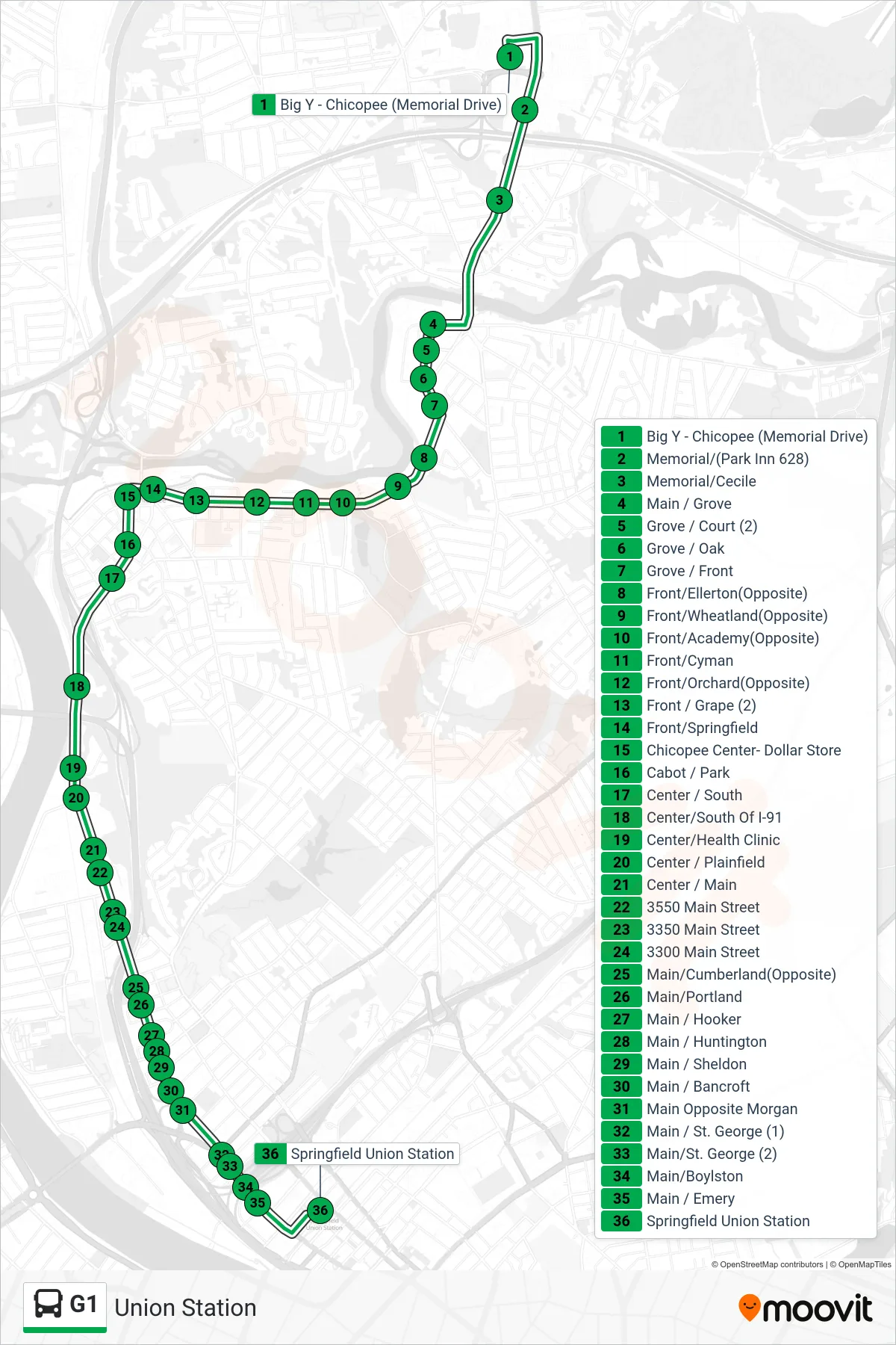 G1 bus Line (Union Station) route and stops on a map