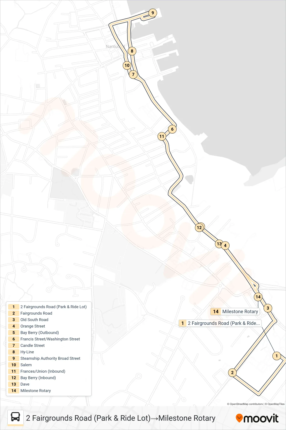 FAST FERRY bus Line (2 Fairgrounds Road (Park & Ride Lot)→Milestone Rotary) route and stops on a map