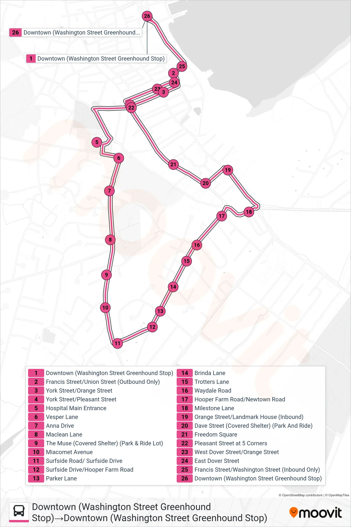 MID-ISLAND LOOP bus Line (Downtown (Washington Street Greenhound Stop)‎→Downtown (Washington Street Greenhound Stop)) route and stops on a map