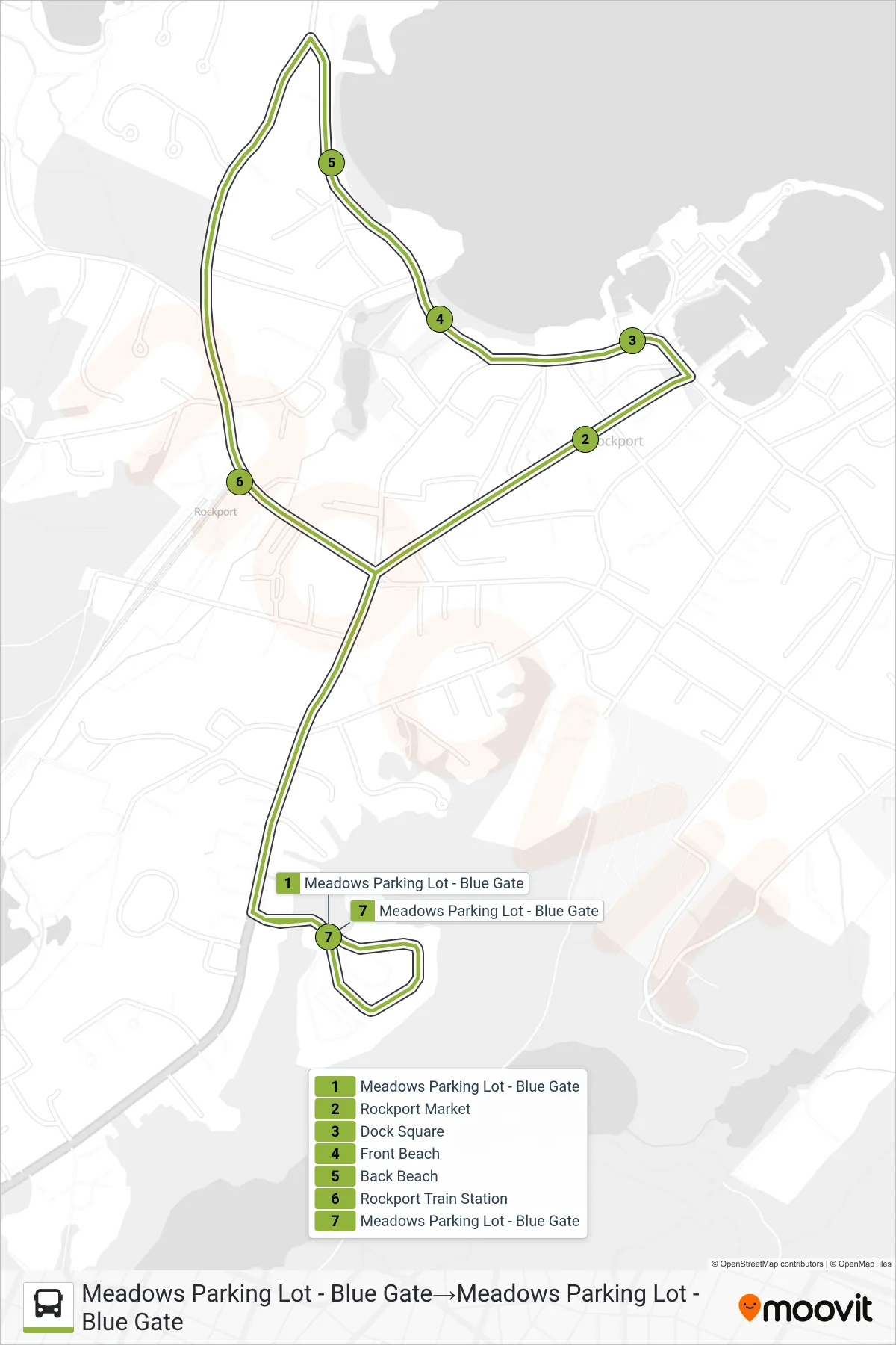 ROCKPORT SHUTTLE bus Line (Meadows Parking Lot - Blue Gate→Meadows Parking Lot - Blue Gate) route and stops on a map