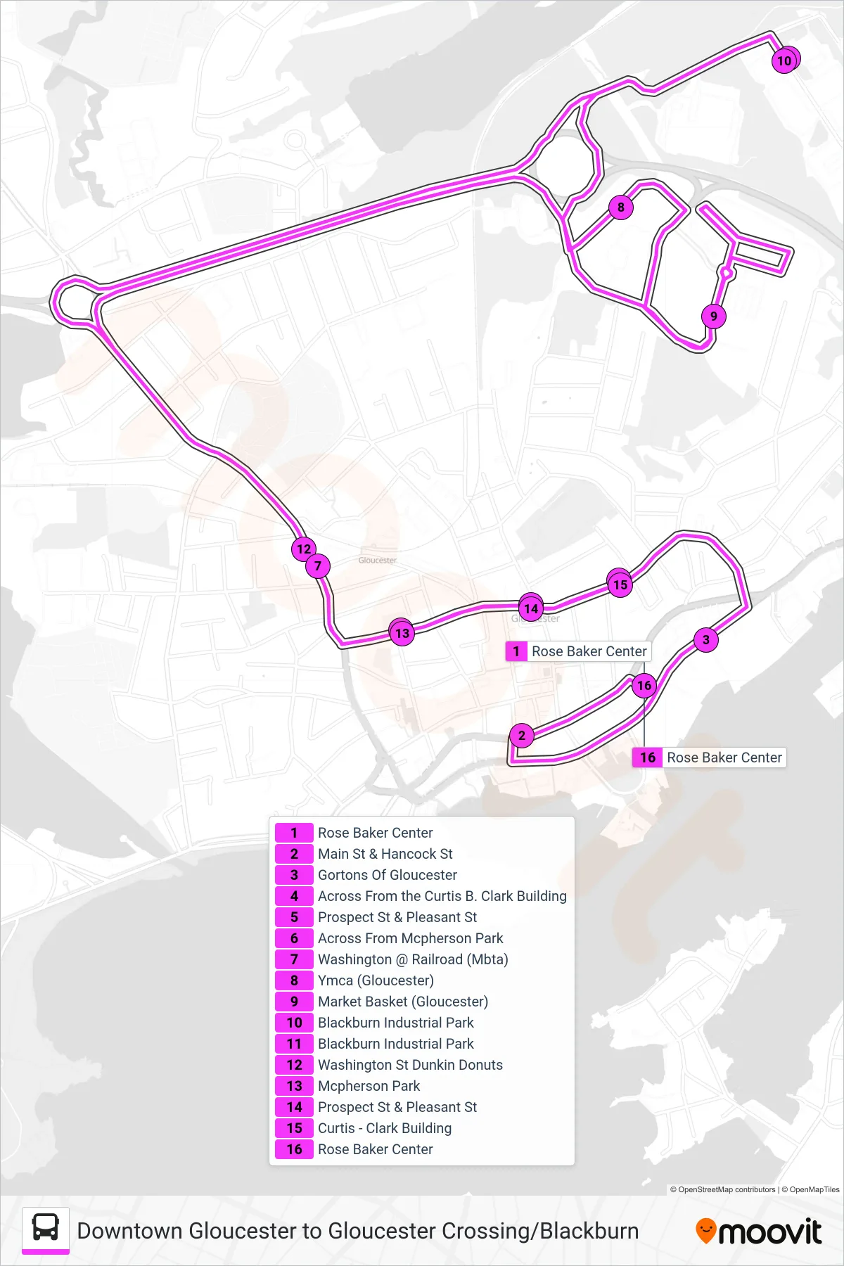 GLOUCESTER CROSSING / BLACKBURN EXPRESS bus Line (Rose Baker Center→Rose Baker Center) route and stops on a map