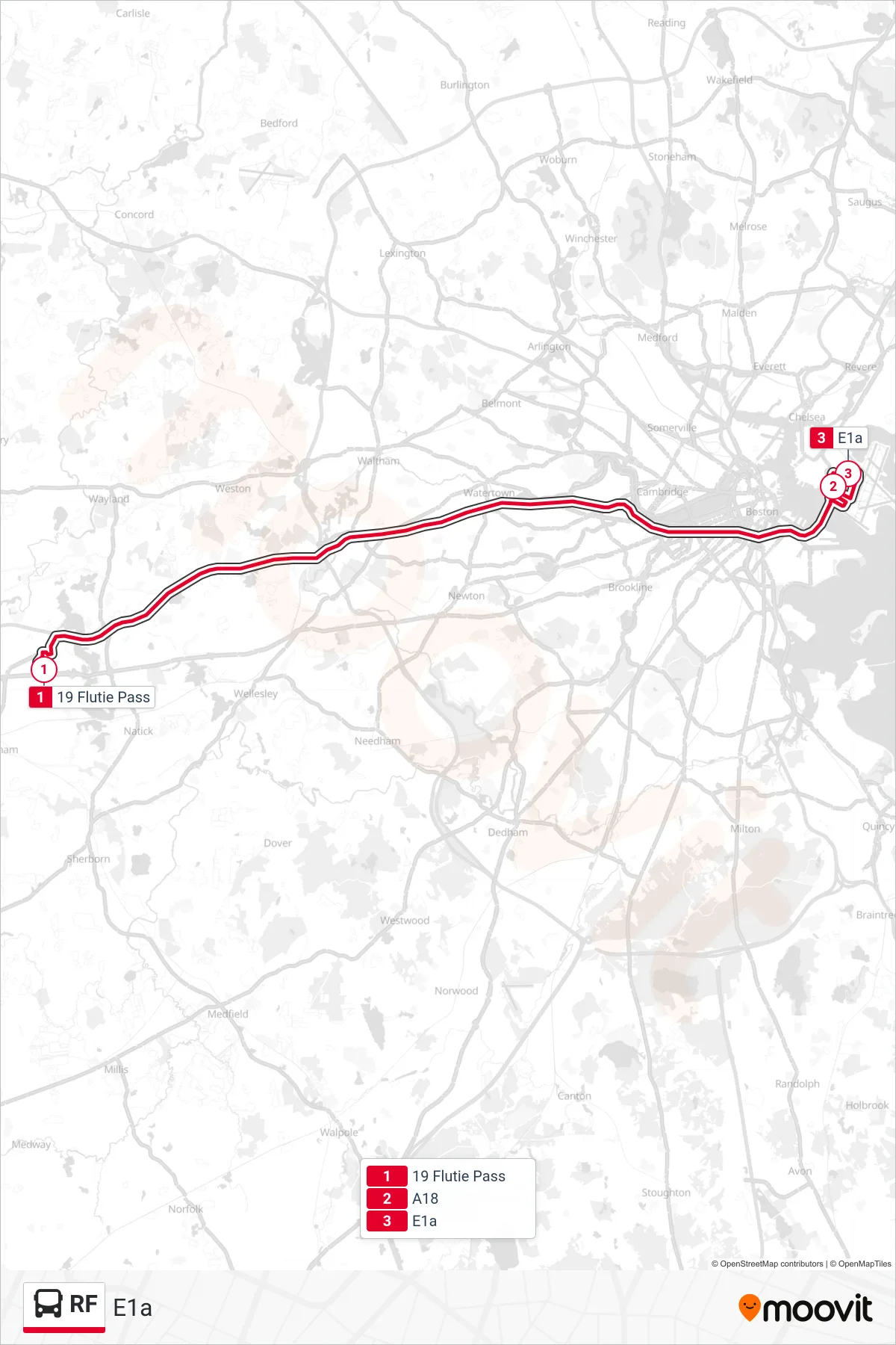 RF bus Line (E1a) route and stops on a map