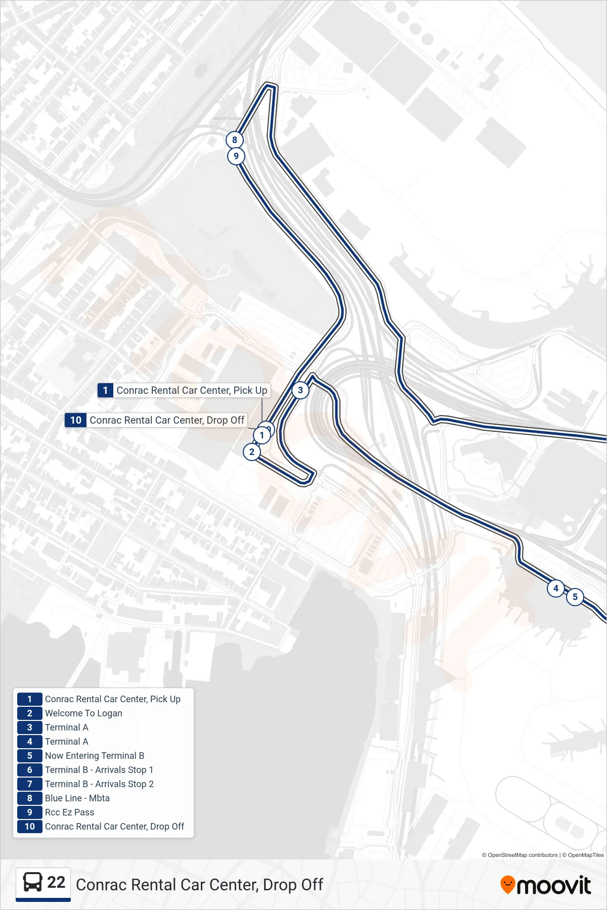 22 bus Line (Conrac Rental Car Center, Drop Off) route and stops on a map