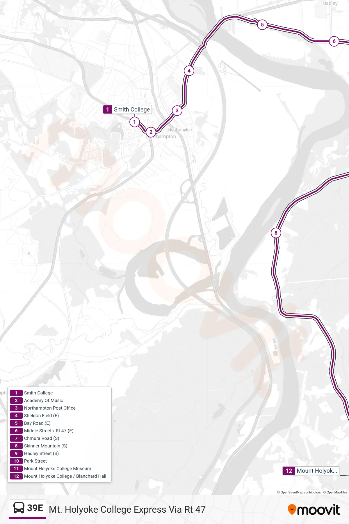 39E bus Line (Mt. Holyoke College Express Via Rt 47) route and stops on a map
