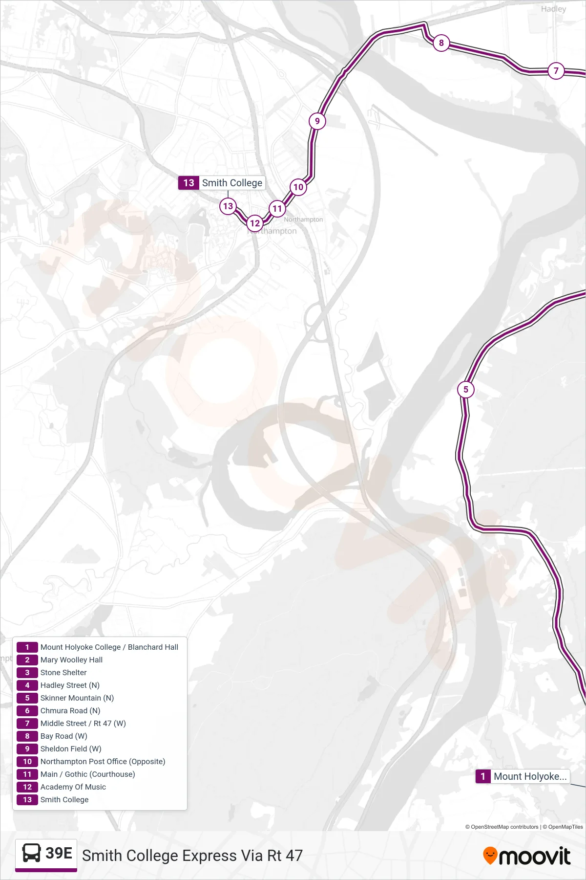 39E bus Line (Smith College Express Via Rt 47) route and stops on a map