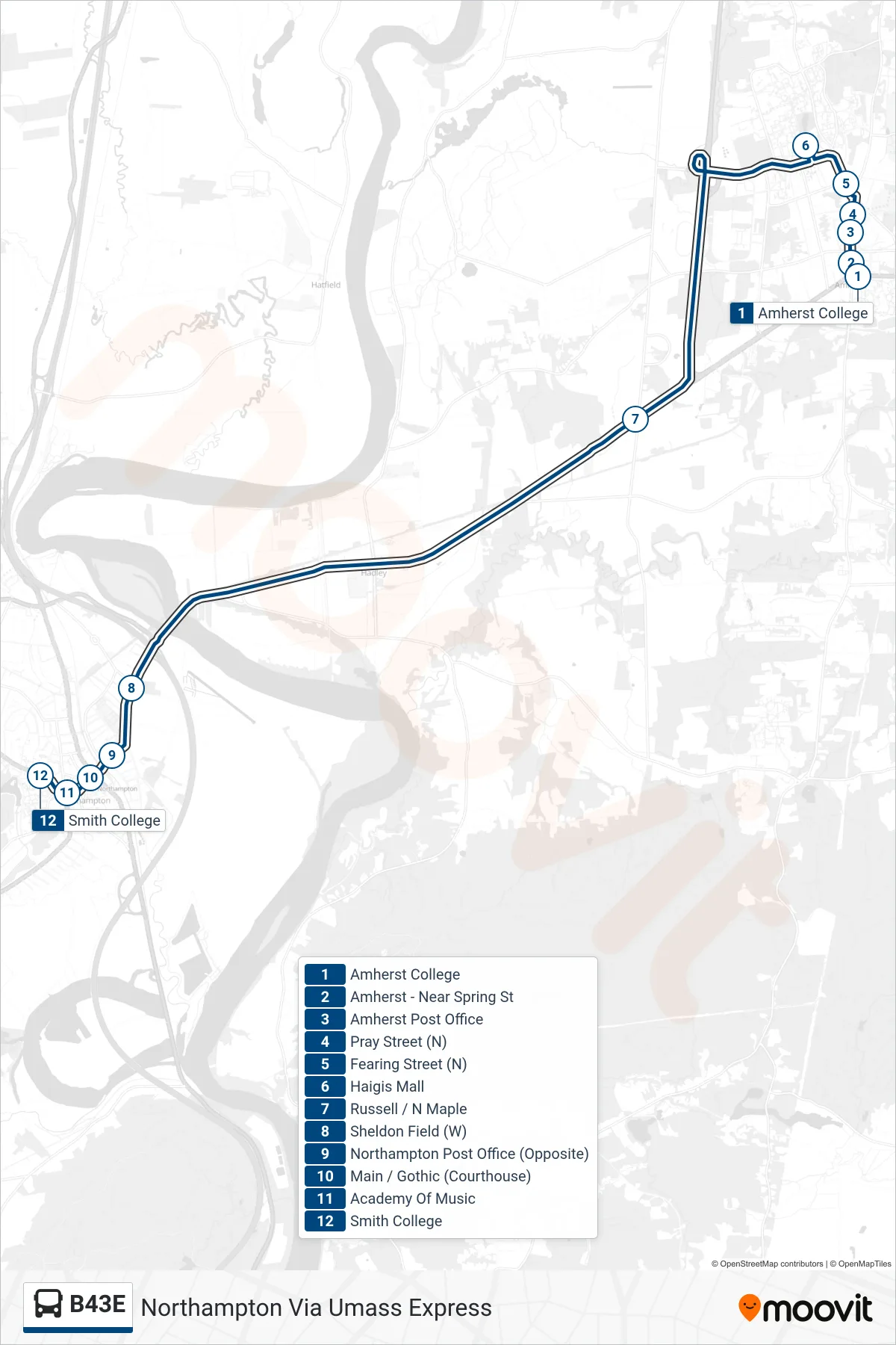 B43E bus Line (Northampton Via Umass Express) route and stops on a map