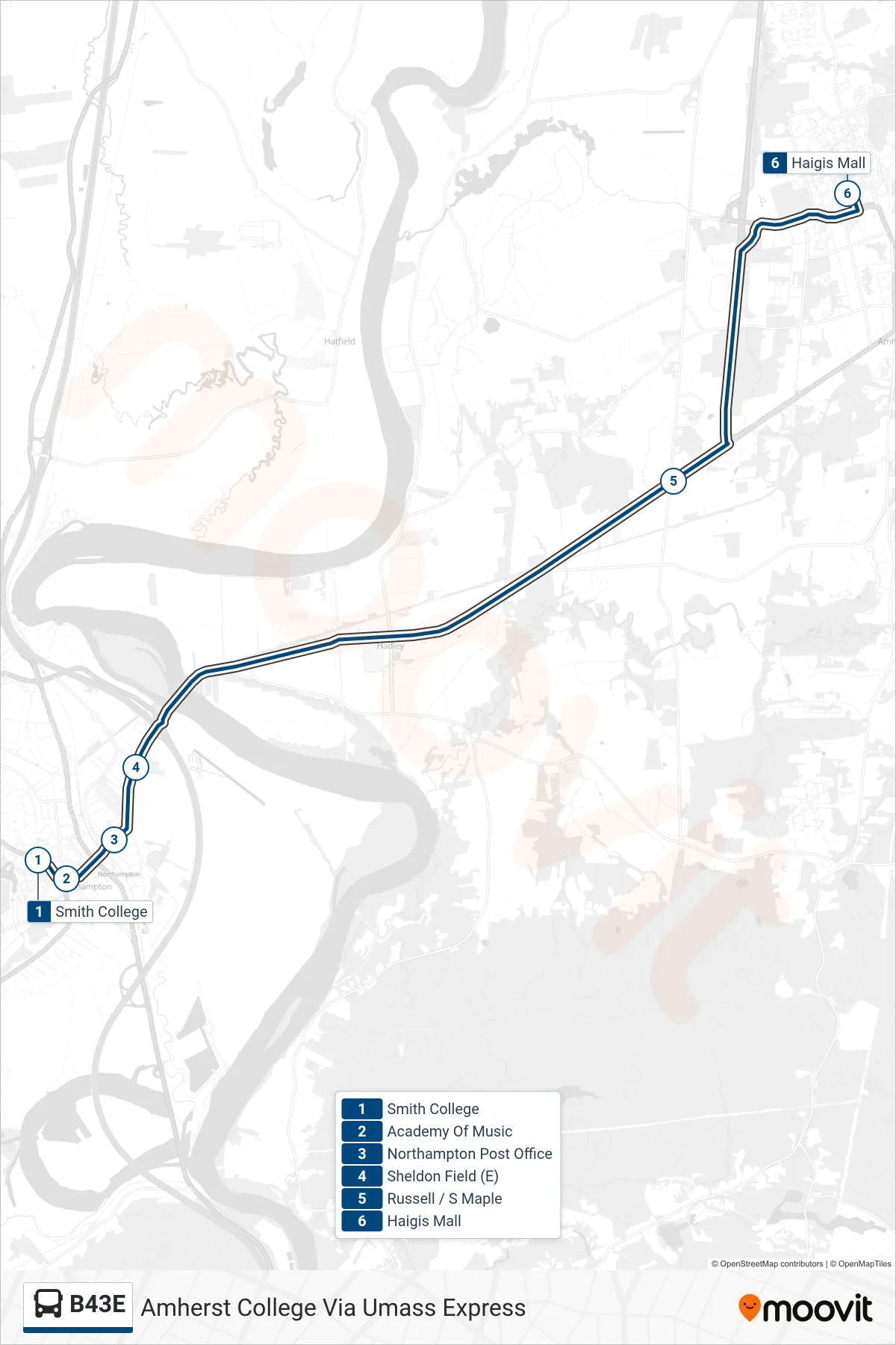 B43E bus Line (Amherst College Via Umass Express) route and stops on a map