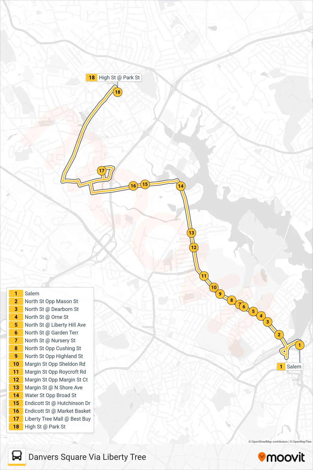 465 bus Line (Danvers Square Via Liberty Tree) route and stops on a map