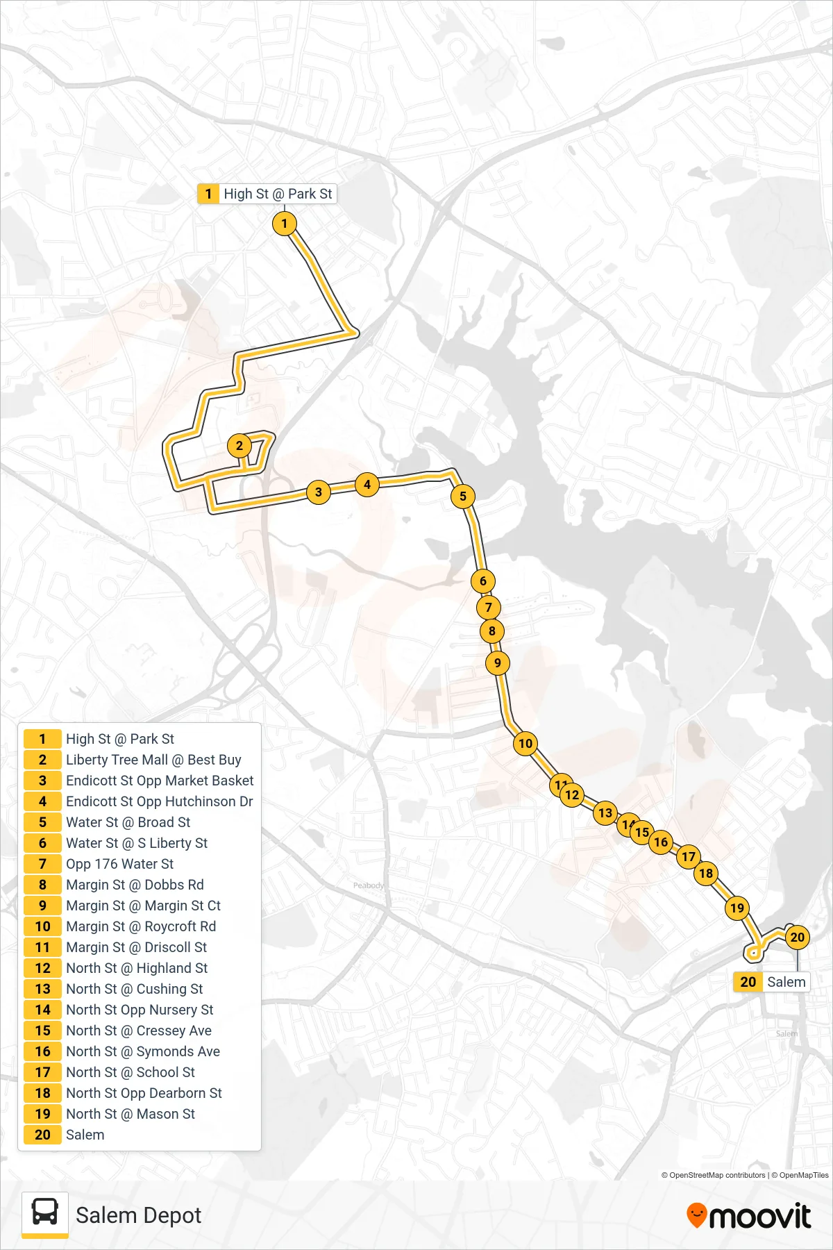 465 bus Line (Salem Depot) route and stops on a map