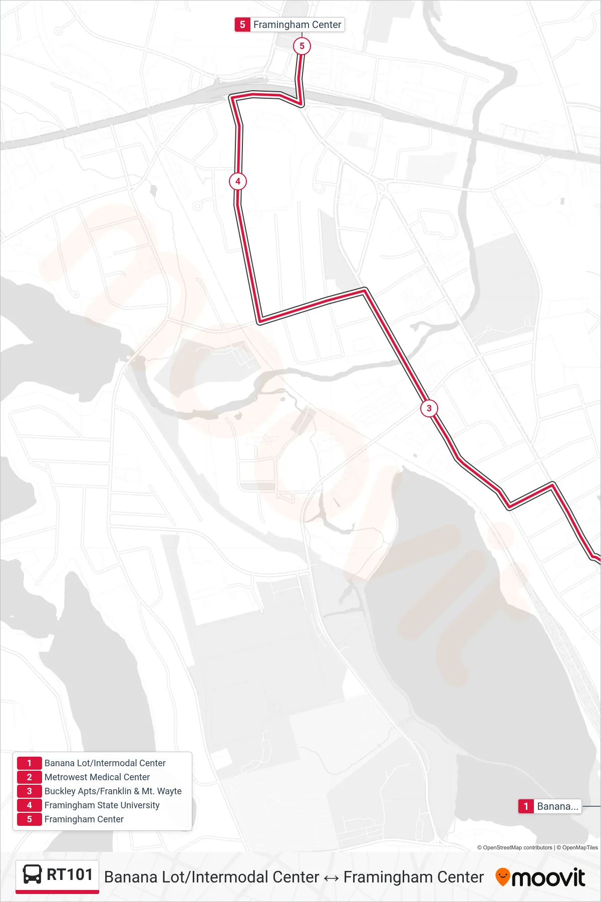 RT101 bus Line (Banana Lot/Intermodal Center→Framingham Center) route and stops on a map