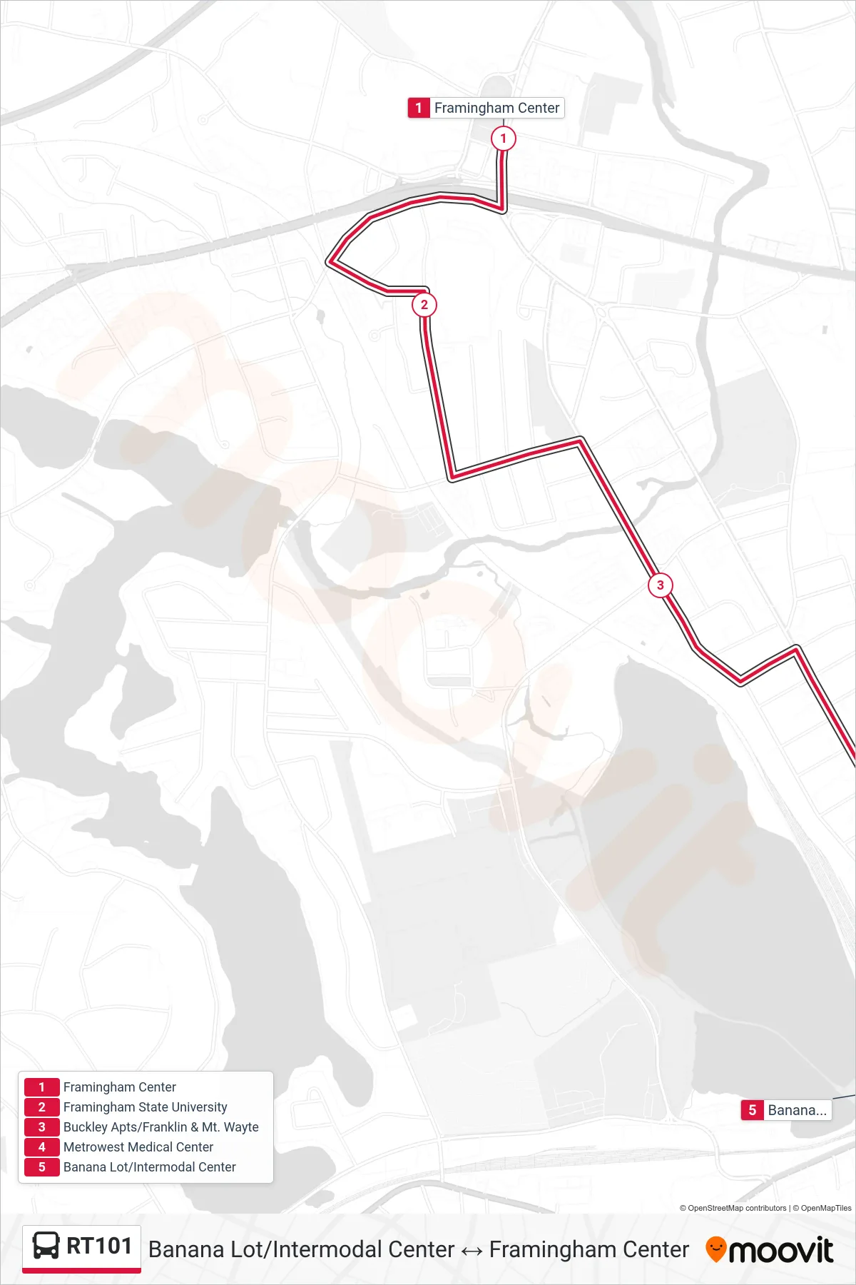 RT101 bus Line (Framingham Center→Banana Lot/Intermodal Center) route and stops on a map