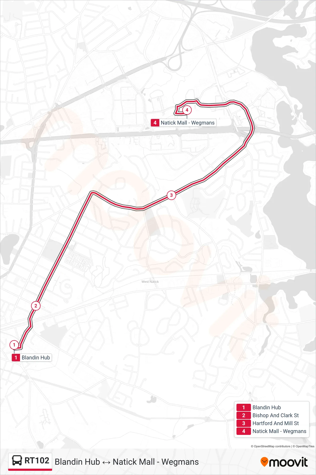 RT102 bus Line (Blandin Hub→Natick Mall - Wegmans) route and stops on a map