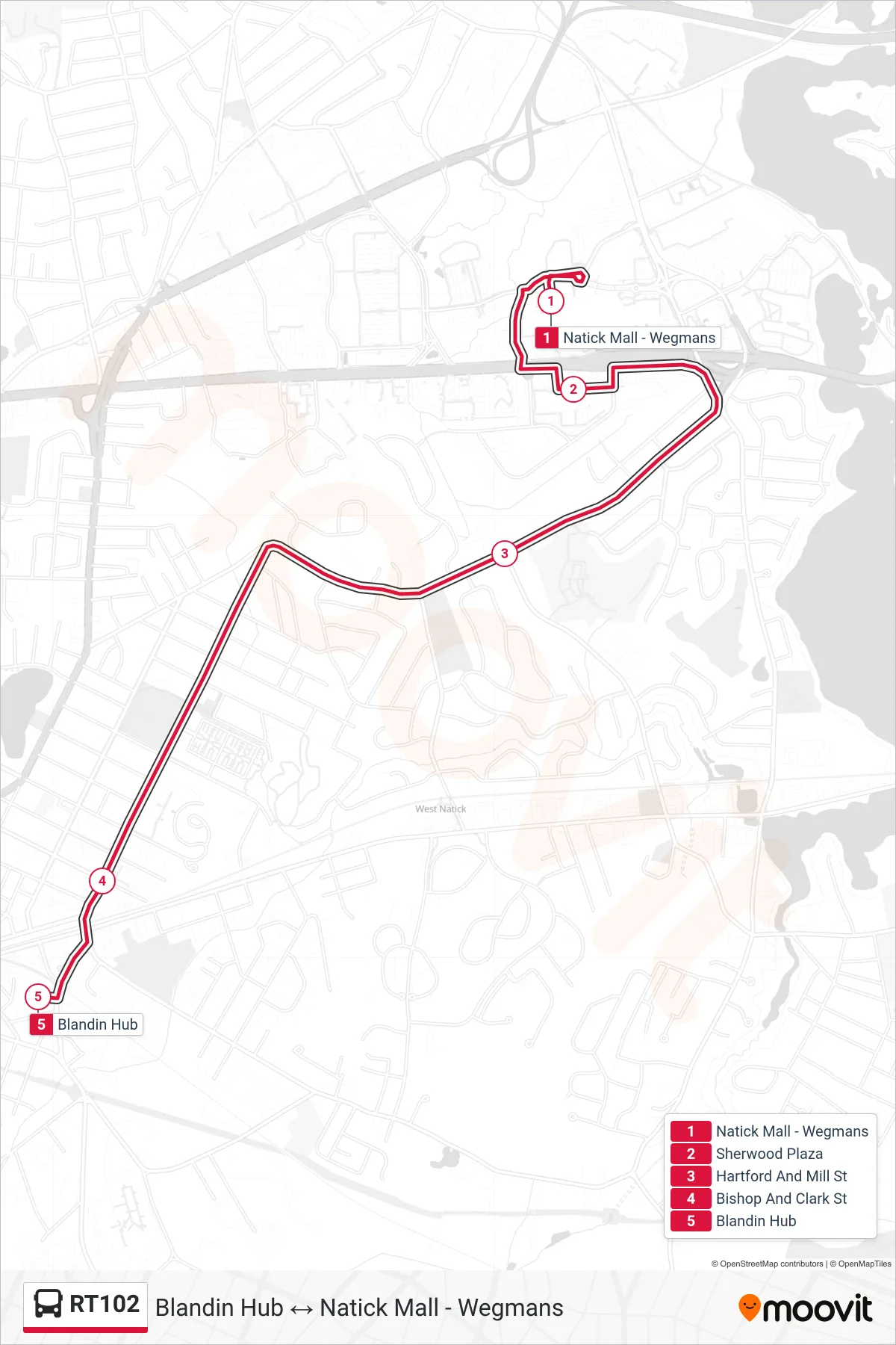 RT102 bus Line (Natick Mall - Wegmans‎→Blandin Hub) route and stops on a map