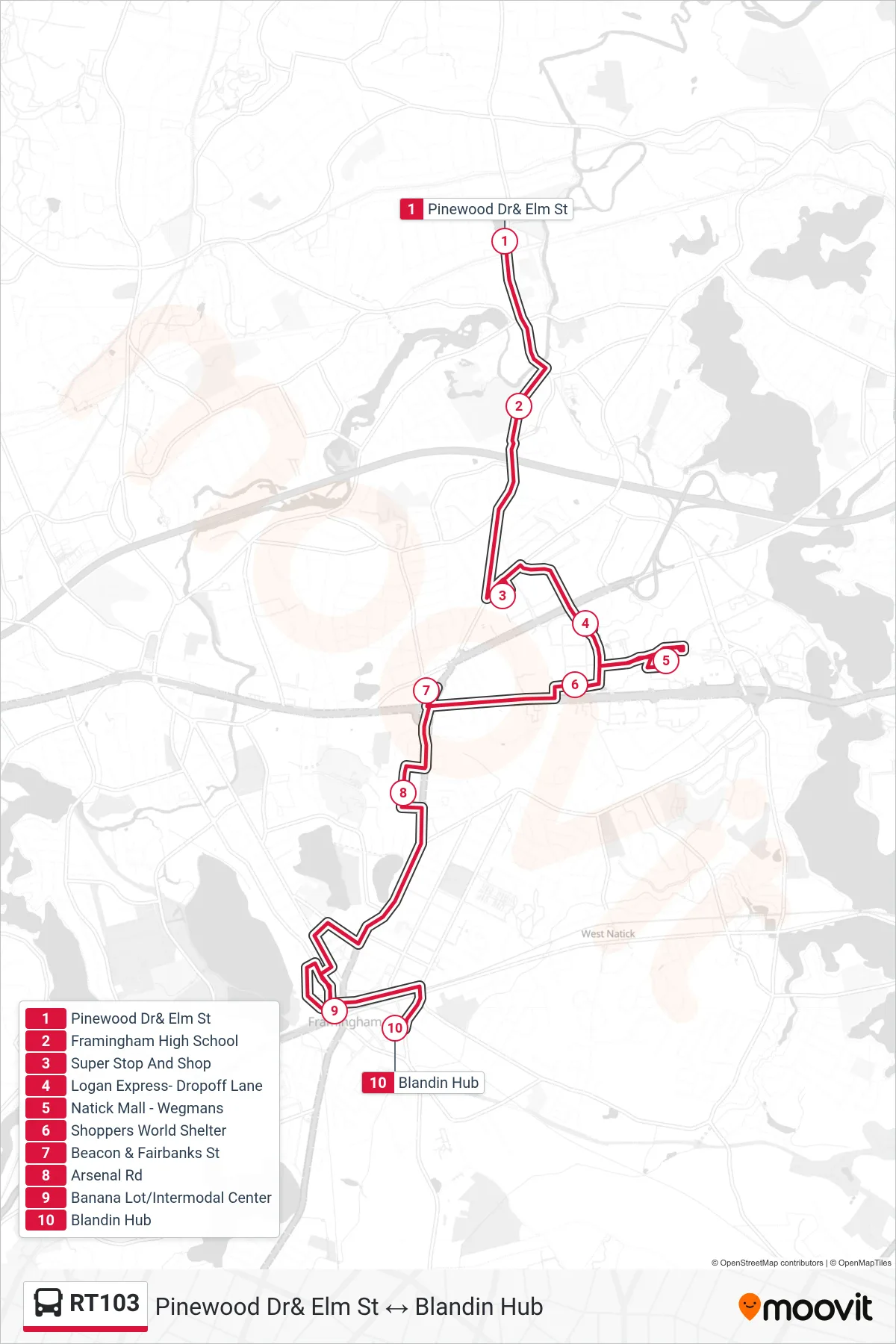 RT103 bus Line (Pinewood Dr& Elm St‎→Blandin Hub) route and stops on a map