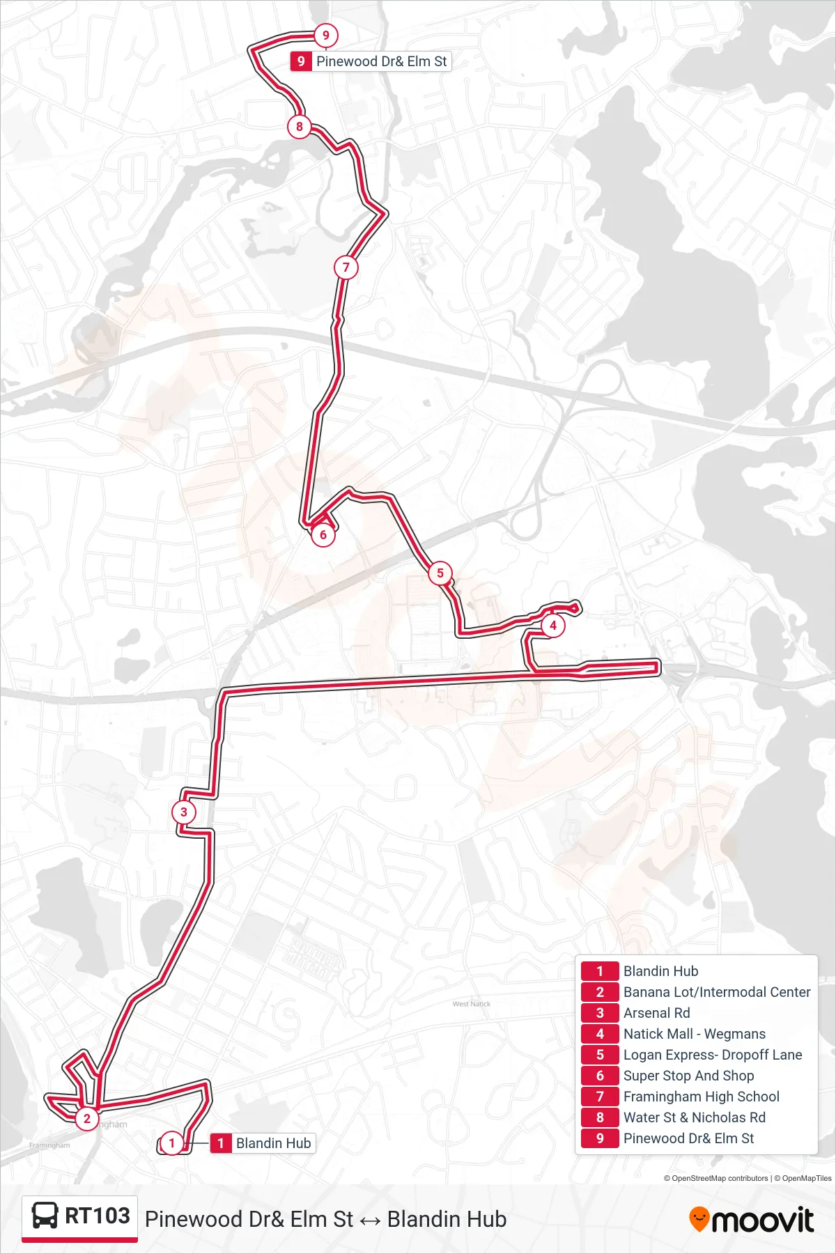RT103 bus Line (Blandin Hub‎→Pinewood Dr& Elm St) route and stops on a map