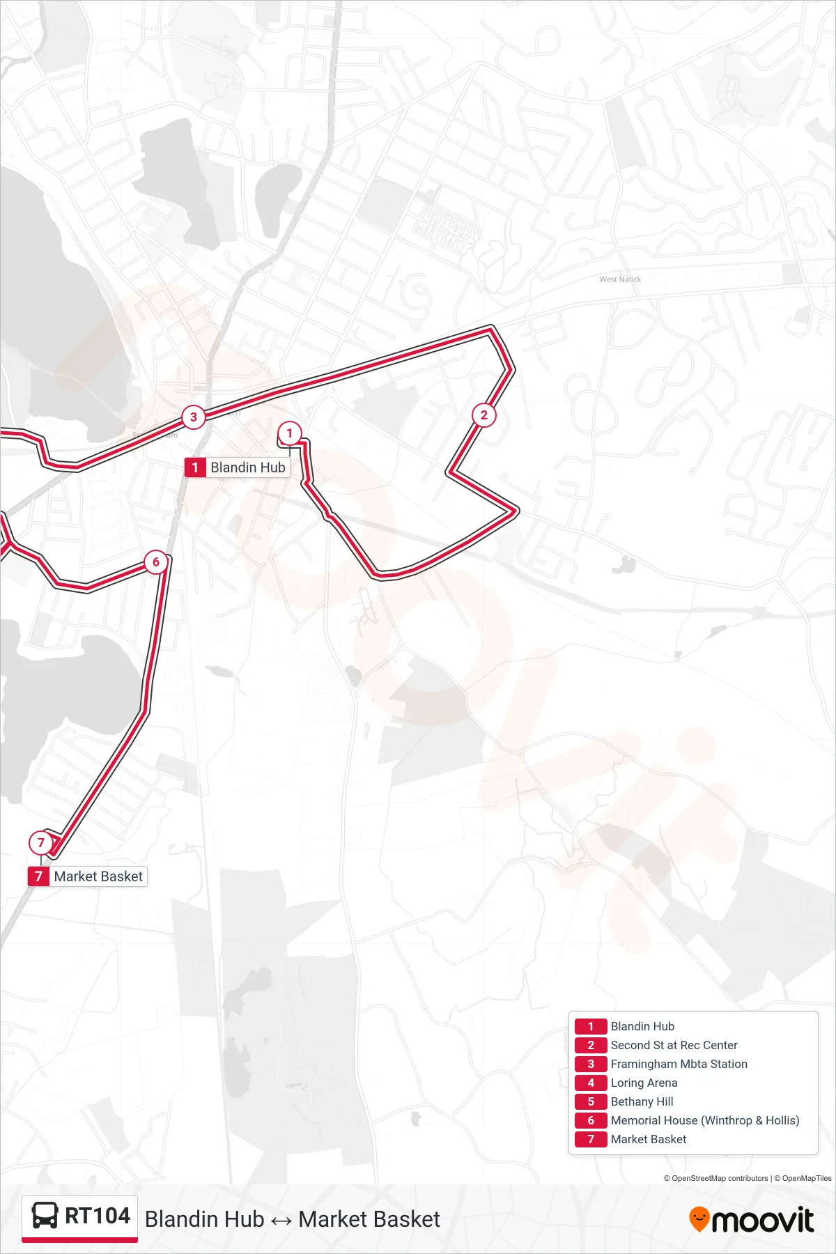 RT104 bus Line (Blandin Hub→Market Basket) route and stops on a map