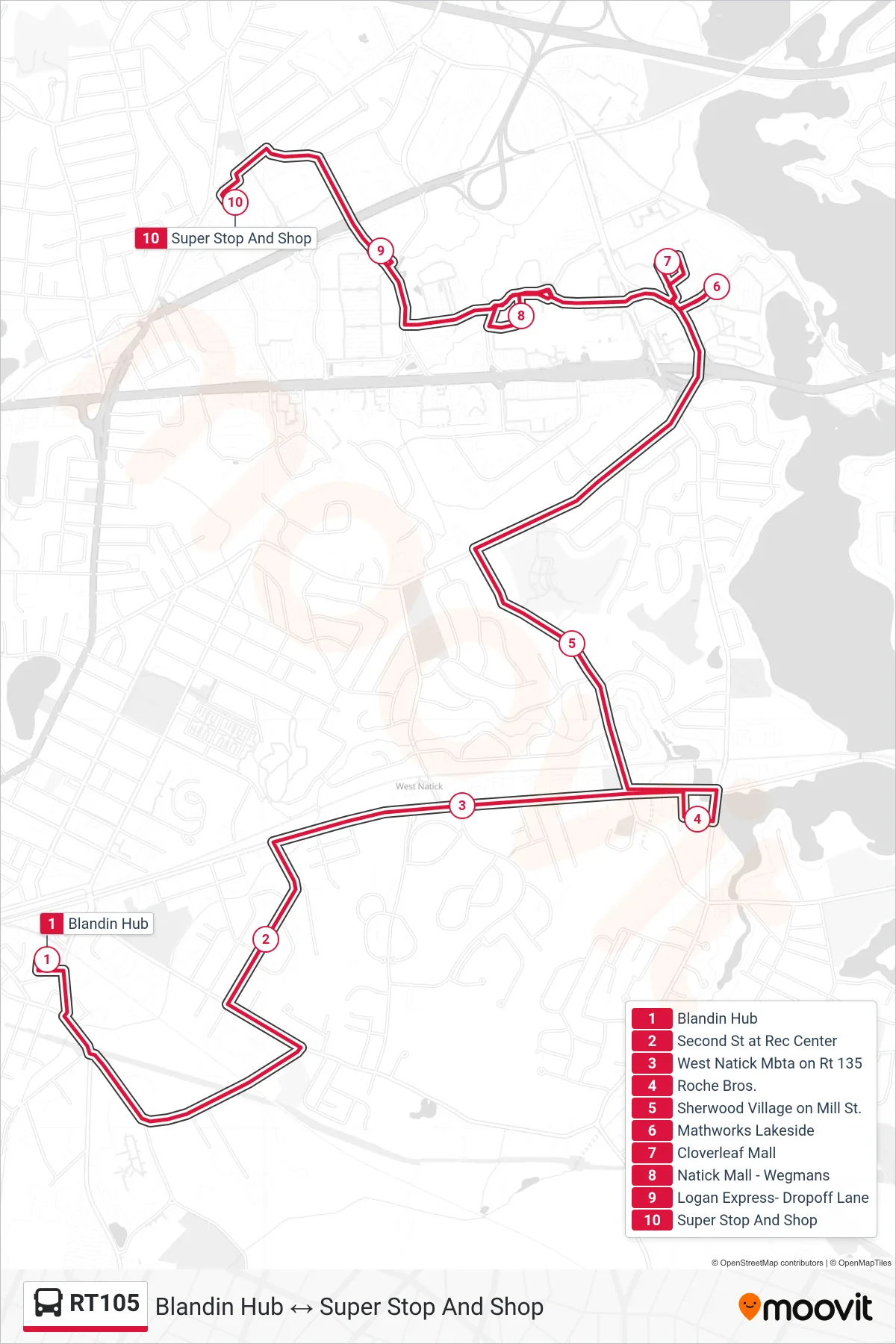 RT105 bus Line (Blandin Hub→Super Stop And Shop) route and stops on a map