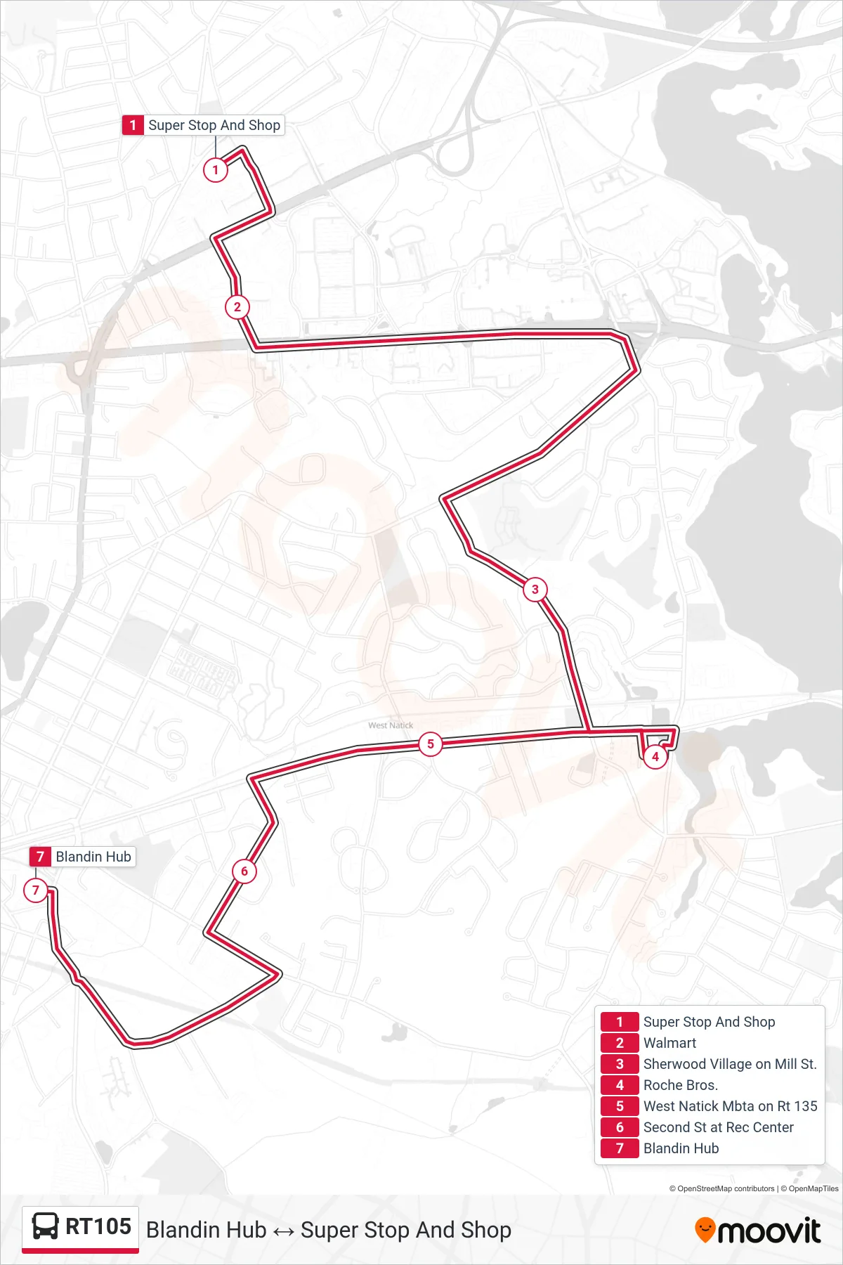 RT105 bus Line (Super Stop And Shop‎→Blandin Hub) route and stops on a map