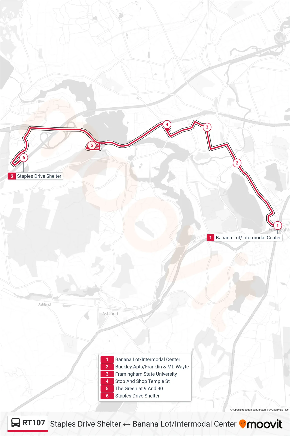 RT107 bus Line (Banana Lot/Intermodal Center‎→Staples Drive Shelter) route and stops on a map