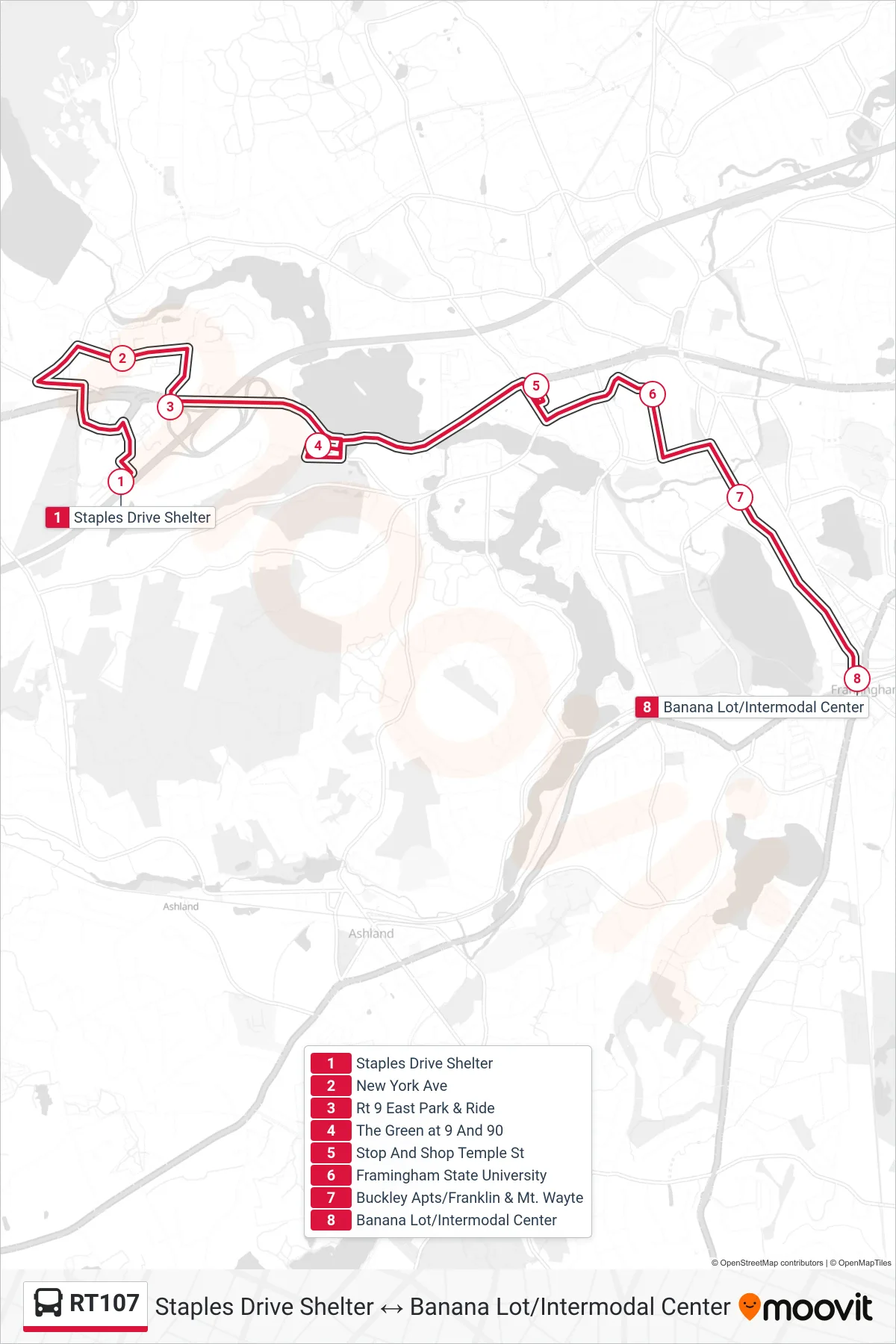 RT107 bus Line (Staples Drive Shelter→Banana Lot/Intermodal Center) route and stops on a map
