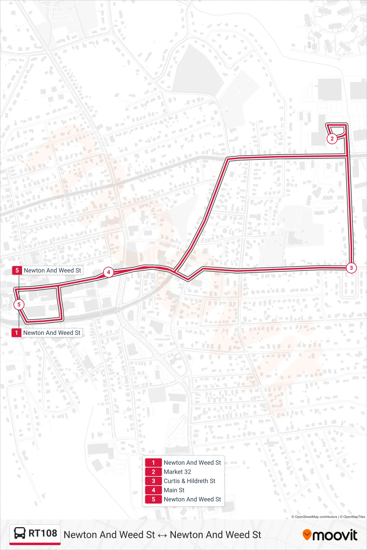 RT108 bus Line (Newton And Weed St→Newton And Weed St) route and stops on a map