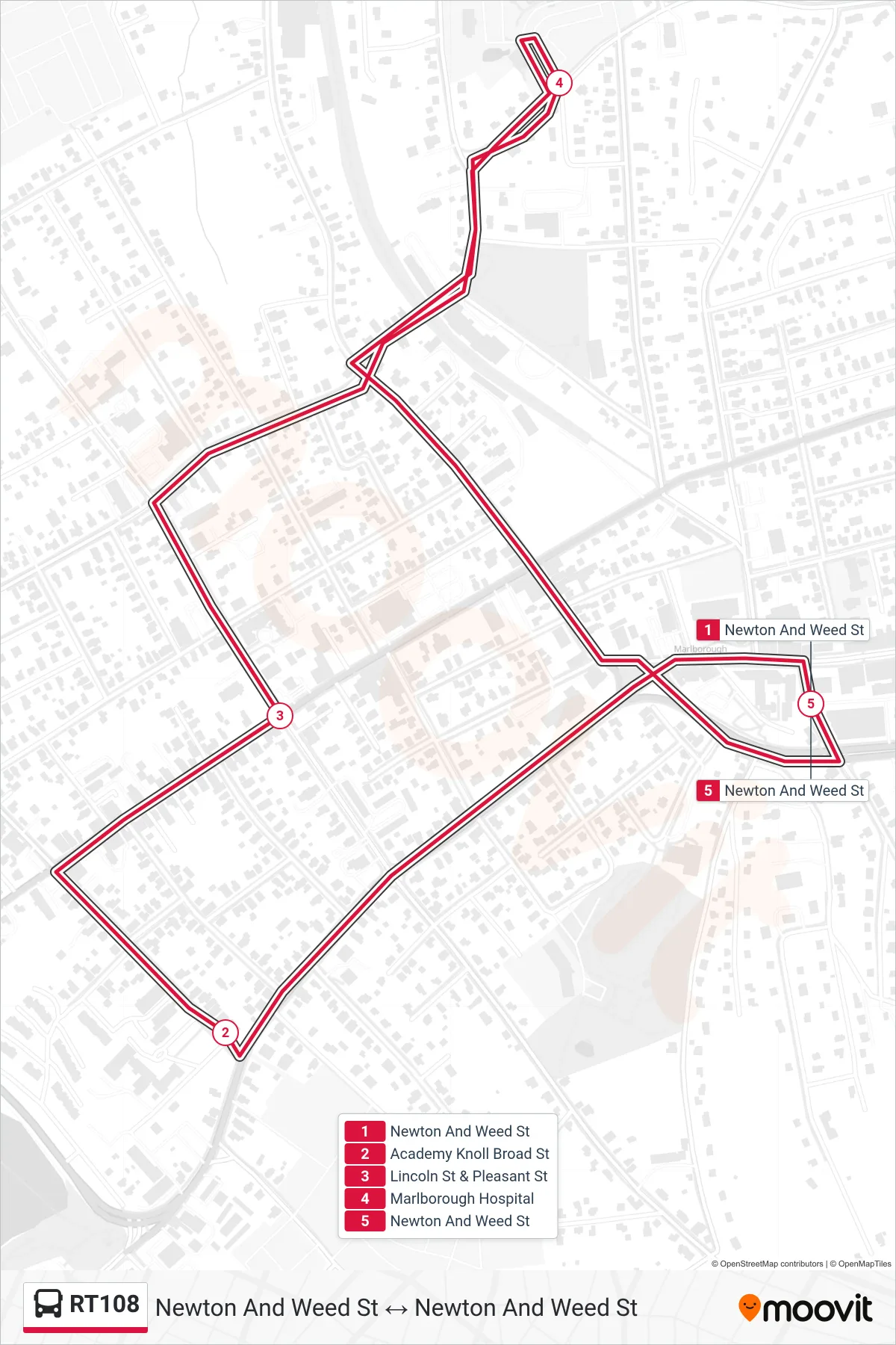 RT108 bus Line (Newton And Weed St→Newton And Weed St) route and stops on a map
