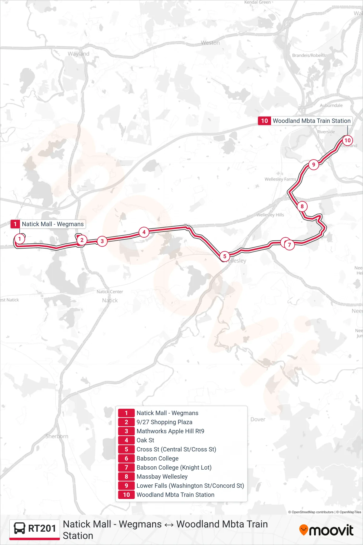 RT201 bus Line (Natick Mall - Wegmans→Woodland Mbta Train Station) route and stops on a map