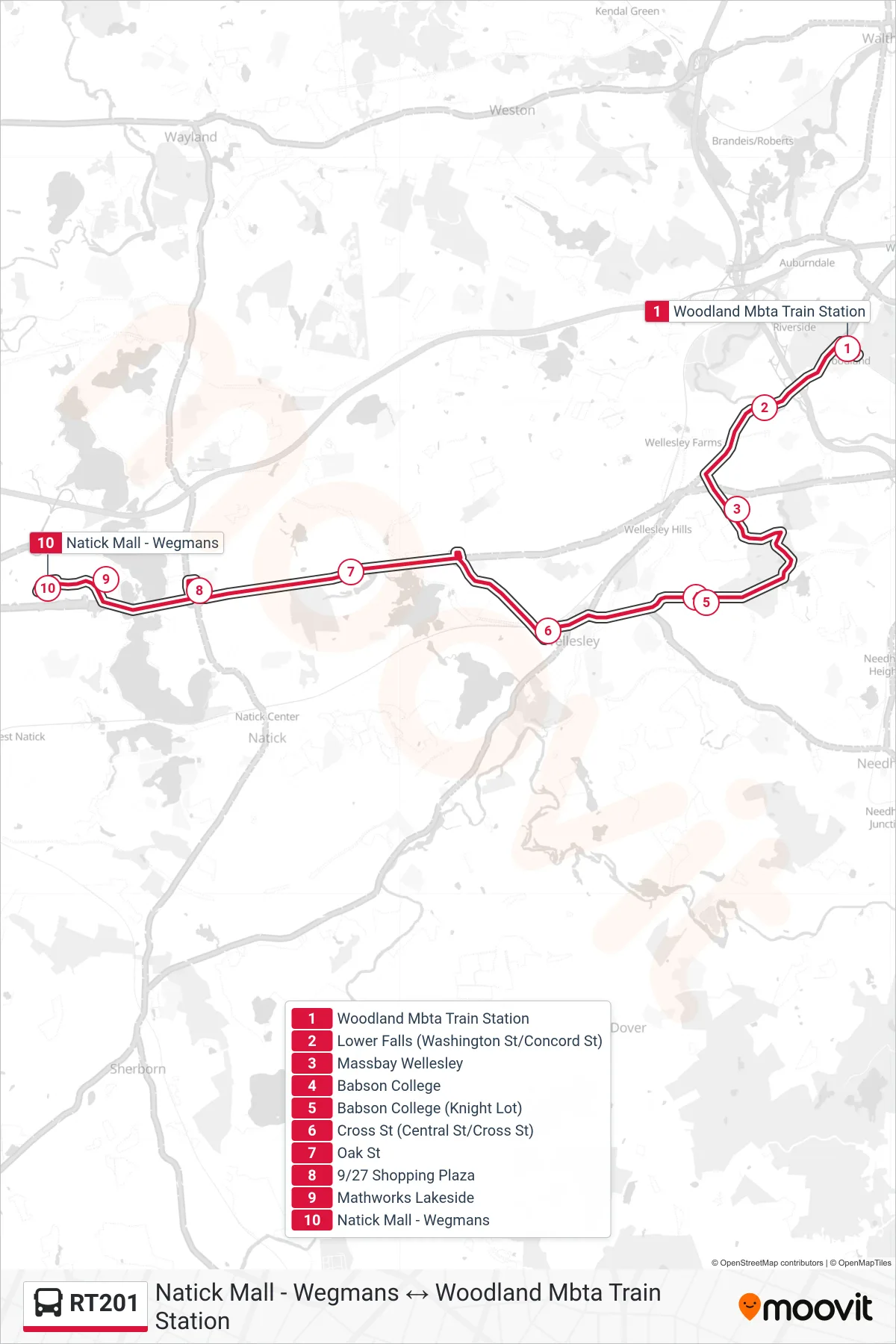 RT201 bus Line (Woodland Mbta Train Station→Natick Mall - Wegmans) route and stops on a map