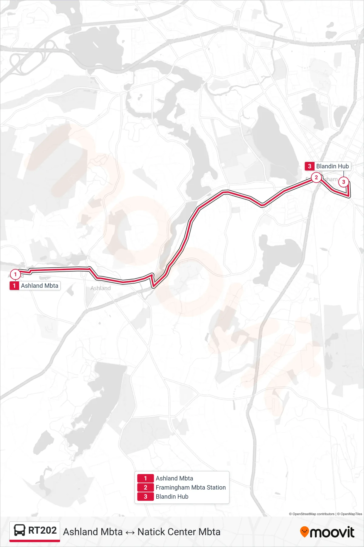 RT202 bus Line (Ashland Mbta‎→Blandin Hub) route and stops on a map