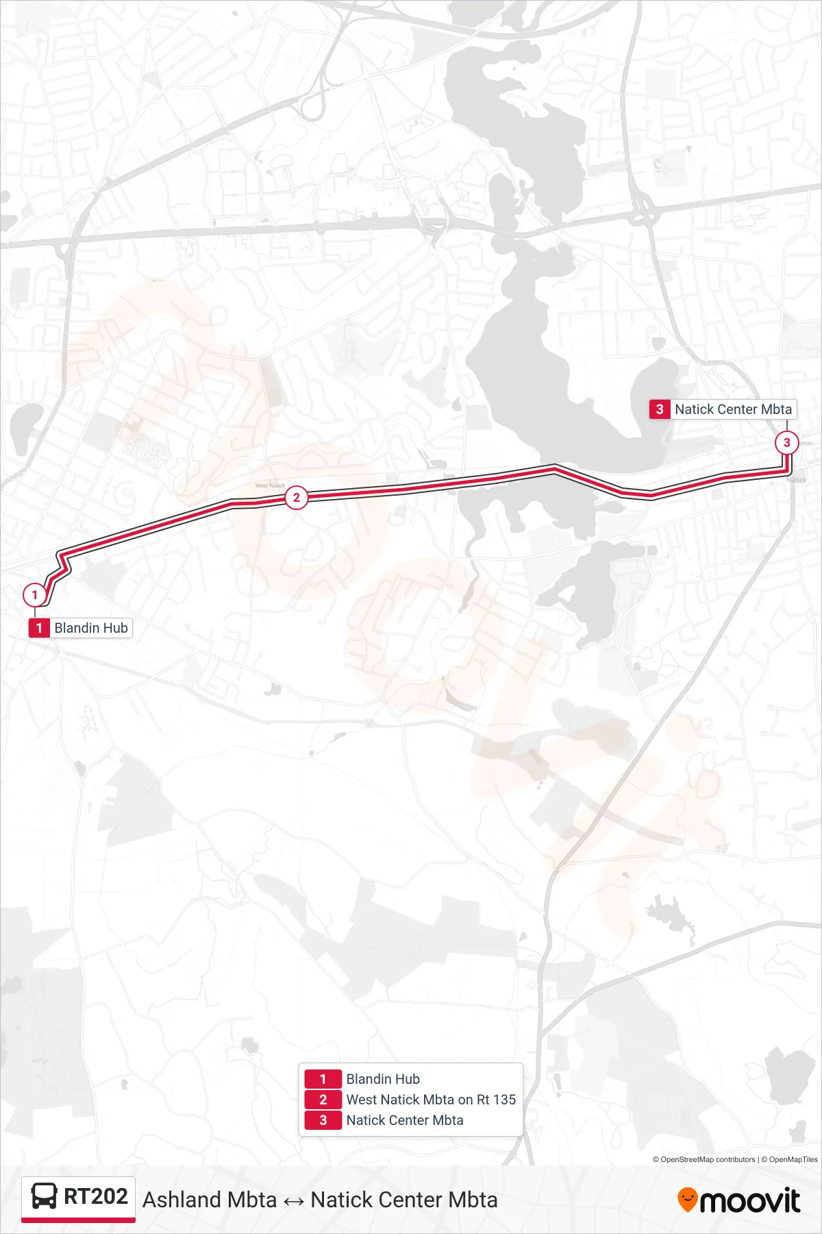 RT202 bus Line (Blandin Hub→Natick Center Mbta) route and stops on a map