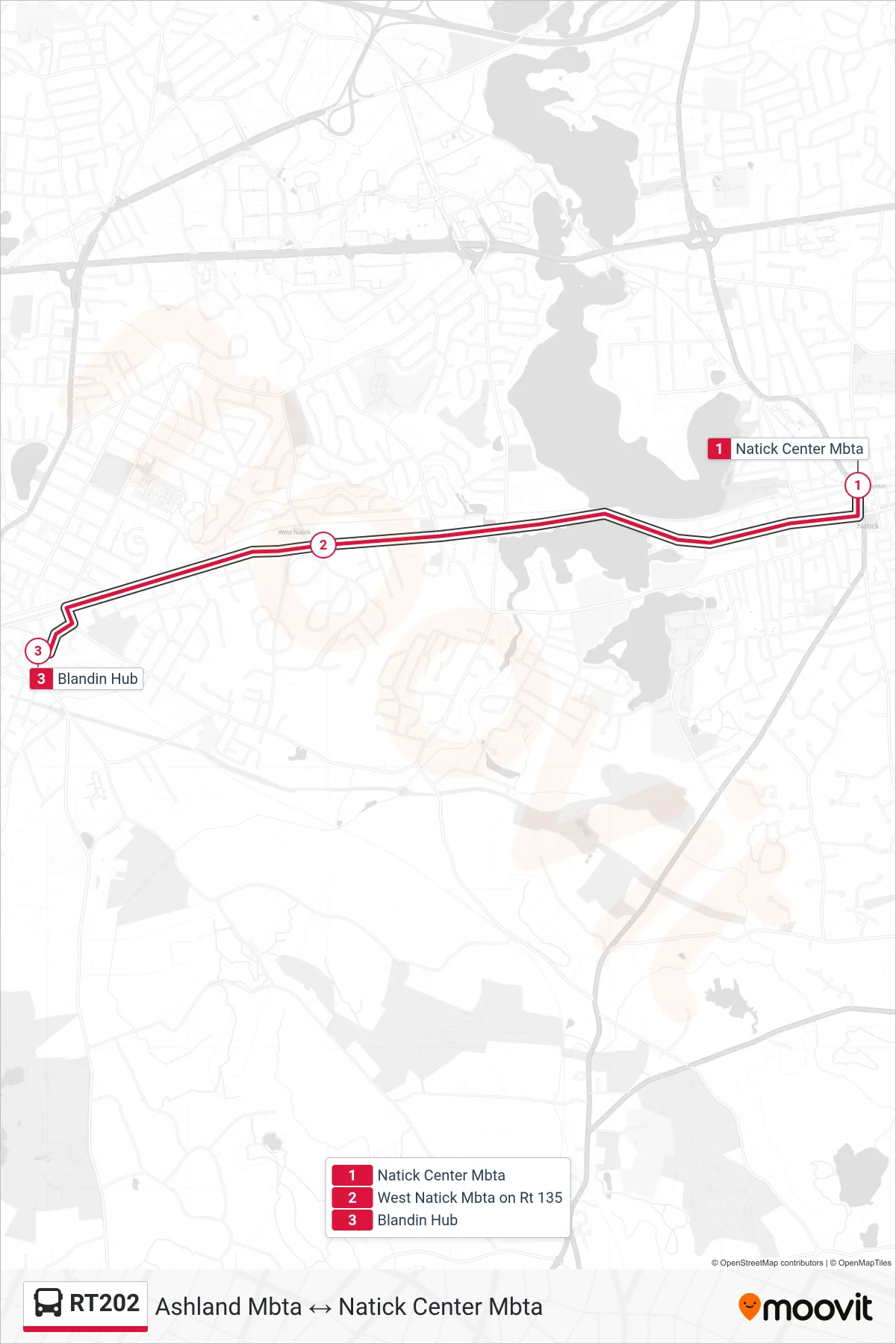 RT202 bus Line (Natick Center Mbta→Blandin Hub) route and stops on a map